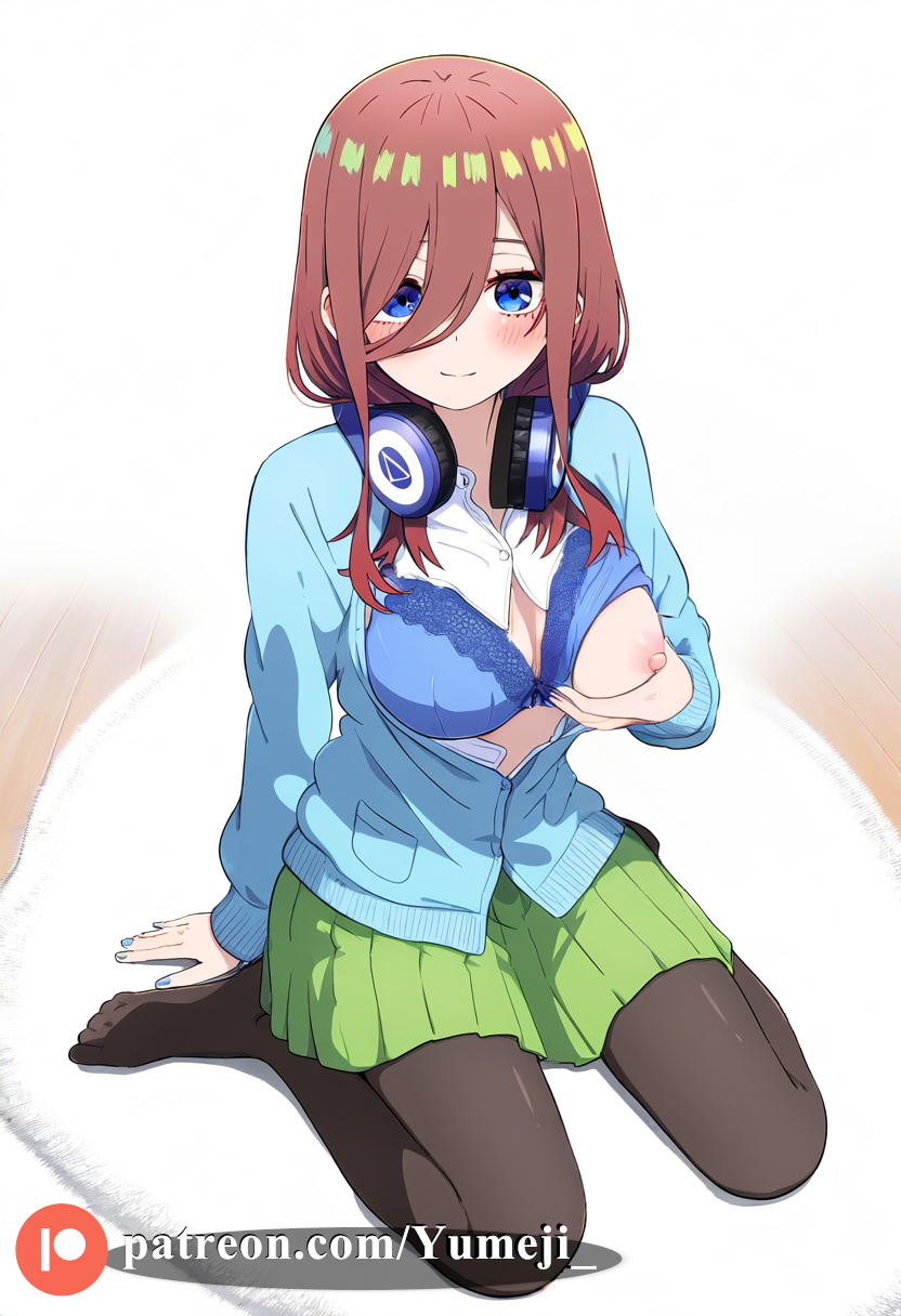 ai_generated blue_eyes blush bra breasts brown_hair go-toubun_no_hanayome hand_on_breast headphones nakano_miku open_clothes tights tongue_out yumeji_