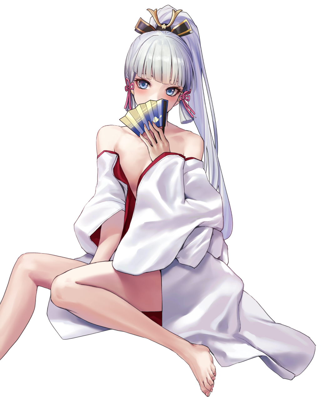 1girls applekun bare_legs barefoot blue_eyes blue_hair blush cleavage clothed clothing collarbone colored_nails fan feet female genshin_impact high_ponytail kamisato_ayaka kimono legs nail_polish no_underwear open_clothes ponytail sidelocks solo toes