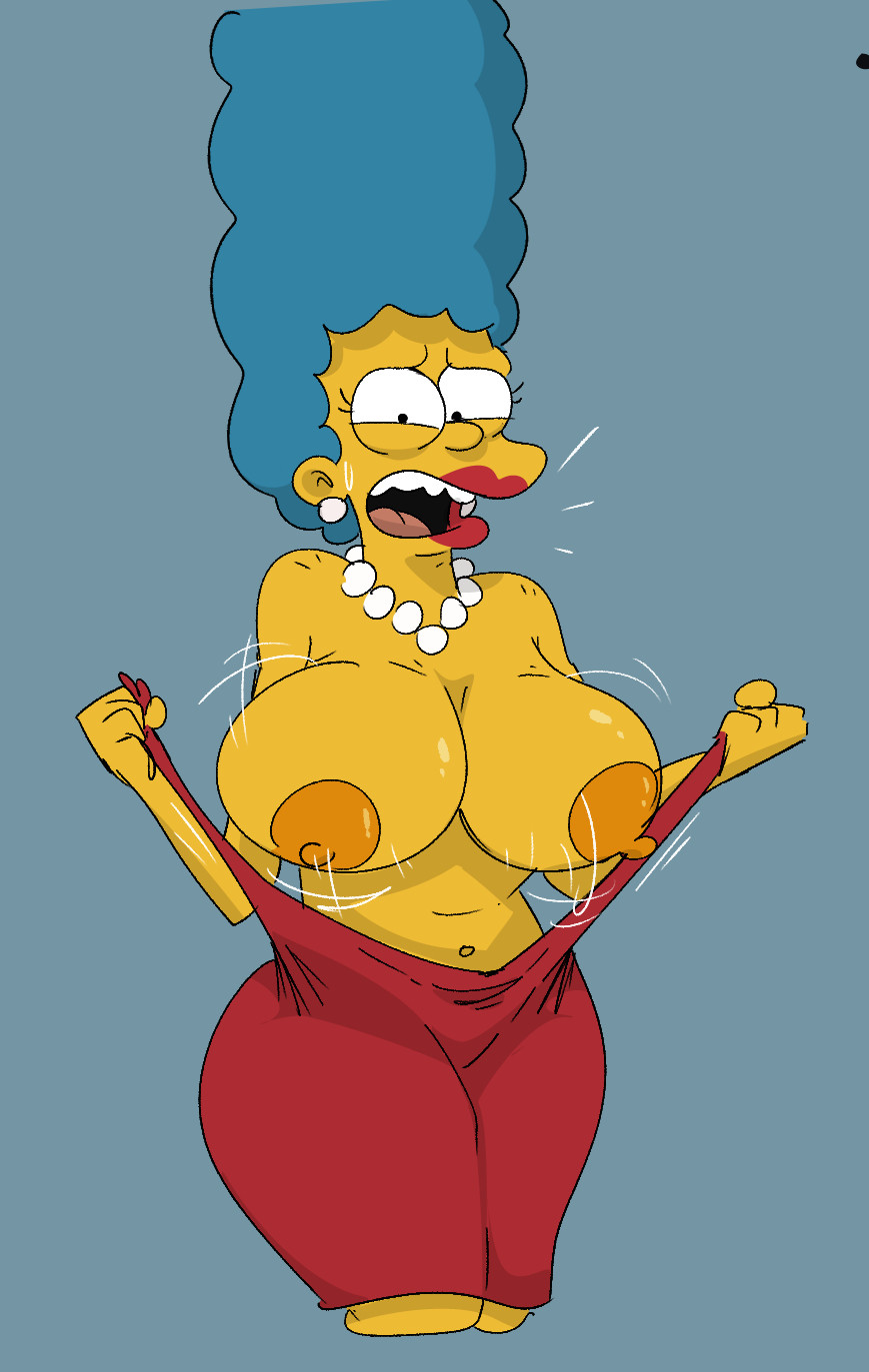 1girls 20th_century_fox 20th_century_studios big_breasts blue_hair breasts breasts_out clothing dress embarrassed eyelashes female female_only human jodero large_breasts lipstick looking_at_viewer marge_simpson mature mature_female mature_woman milf nipples open_mouth pearl_necklace red_clothing red_lipstick red_outfit solo solo_female sweat the_simpsons