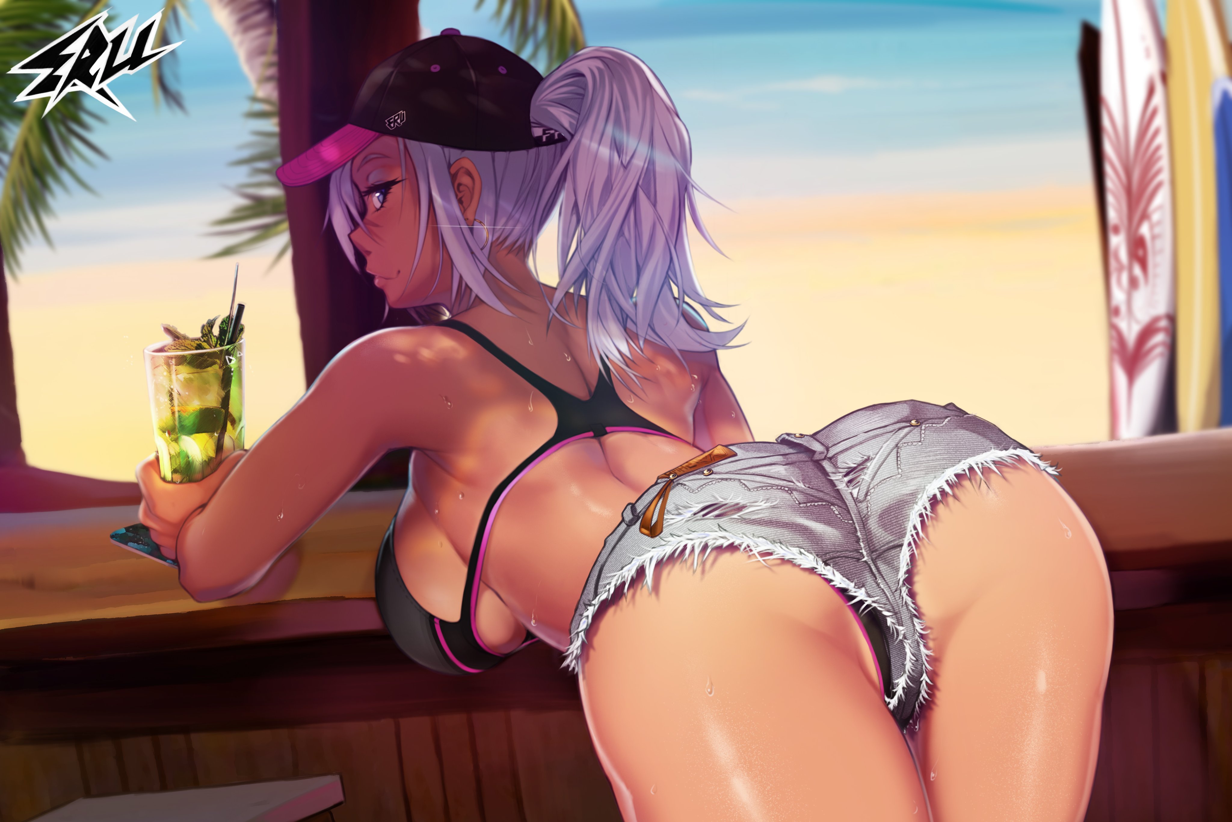 1girls, 2021, 2d, ass, beach, bikini, breasts, cap, cleavage, clothed, cowboy shot, denim shorts, digital media, drink, eru-sama, female, female only, looking at viewer, looking back, ponytail, rear view, shorts, solo, swimsuit, tanline, visor cap, wet