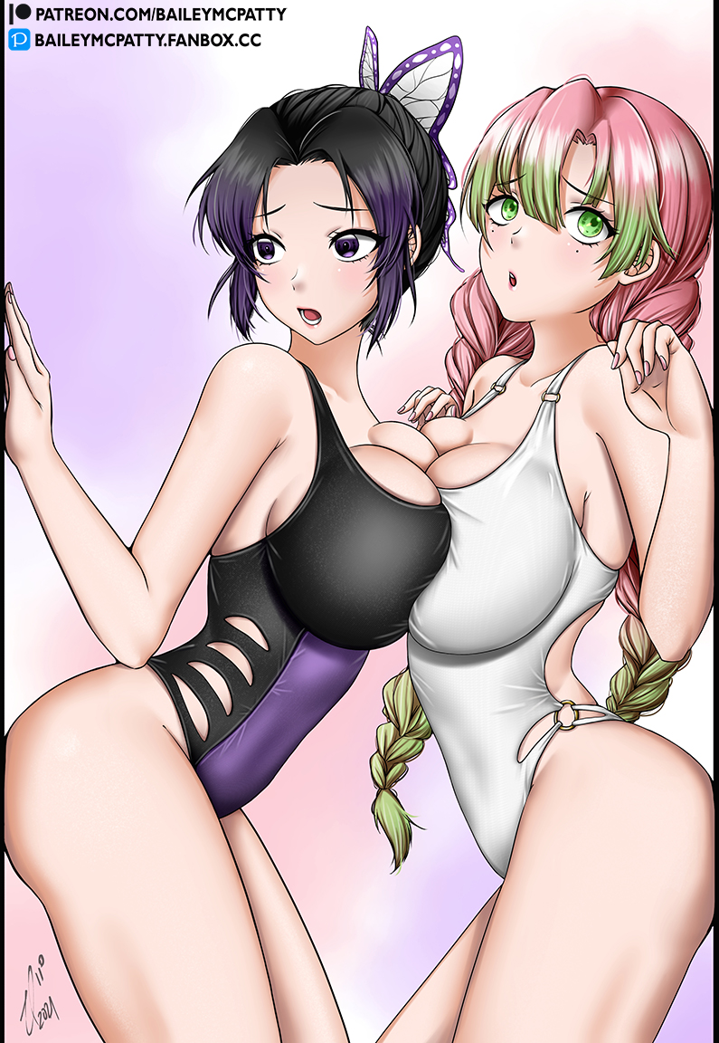 2girls, alternate costume, bailey mcpatty, bangs, big breasts, black hair, black swimsuit, braided hair, breast press, breast squish, breasts, butterfly hair ornament, cleavage, demon slayer, female, female only, green eyes, huge breasts, kanroji mitsuri, kimetsu no yaiba, kochou shinobu, long hair, mole under eye, one-piece swimsuit, pink hair, pink-haired female, purple eyes, purple hair, purple-haired female, swimsuit, two-tone hair, white swimsuit