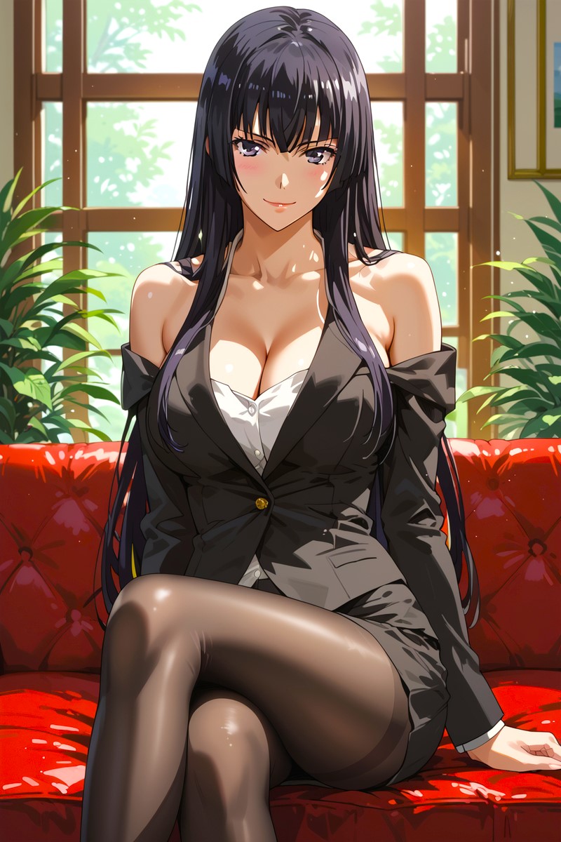 1girls ai_generated anime bangs buttons cleavage dark_hair divine_beauty goddess high_school high_school_student inviting inviting_to_sex kampfer large_breasts legs_crossed lipstick lustful_gaze manga off_shoulder pantyhose red_sofa seductive_look sexy shizuku_sangou skirt sofa trj uniform waifu_diffusion window wood young_female