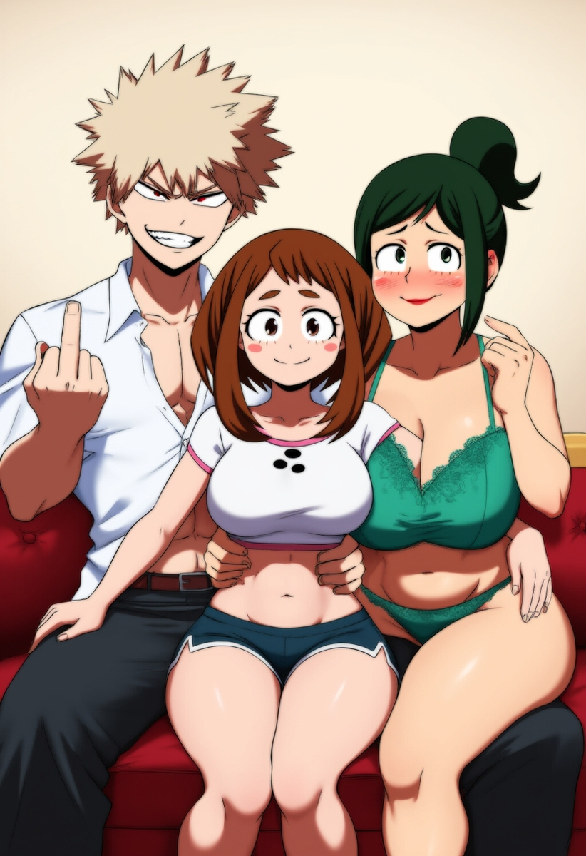 ai_generated artist_name artist_request blonde_hair blonde_hair blonde_hair_male blonde_male brown_eyes brown_hair clothed clothed_female clothed_male clothing green_eyes green_hair green_hair_female inko_midoriya katsuki_bakugou middle_finger muscular muscular_male my_hero_academia ochako_uraraka