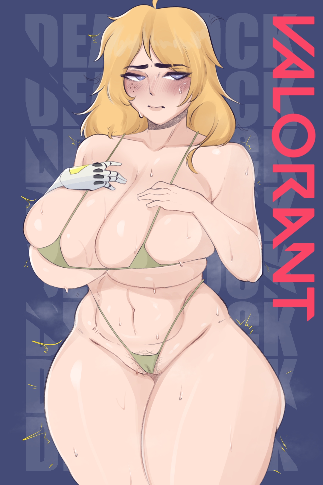 1girls, bikini, blonde hair, blue eyes, blush, breasts, deadlock (valorant), female, female only, large breasts, light skin, light-skinned female, looking away, mcdonkies, plump, pubic hair, solo, swimsuit, thick thighs, thighs, top heavy, valorant, venus body, voluptuous, voluptuous female, wide hips