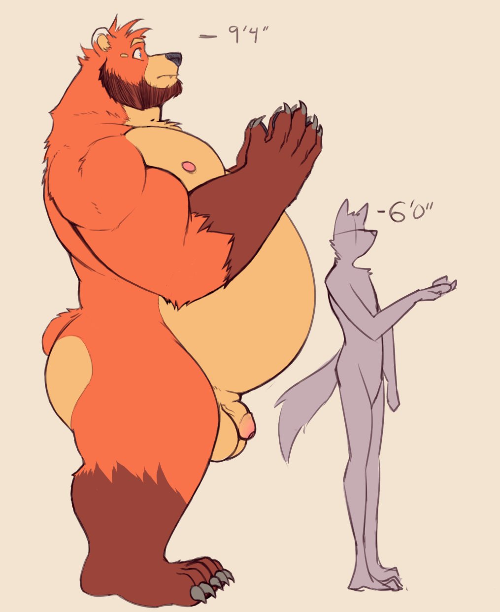 anthro ass balls bear beard belly big_balls big_belly big_butt brown_body brown_fur canid canine chibear chibsarts duo faceless_character faceless_male facial_hair fur genitals gloves_(marking) grower hi_res leg_markings male mammal markings nipples orange_body orange_fur penis pink_nipples size_difference small_penis socks_(marking) tan_body tan_fur white_body white_fur