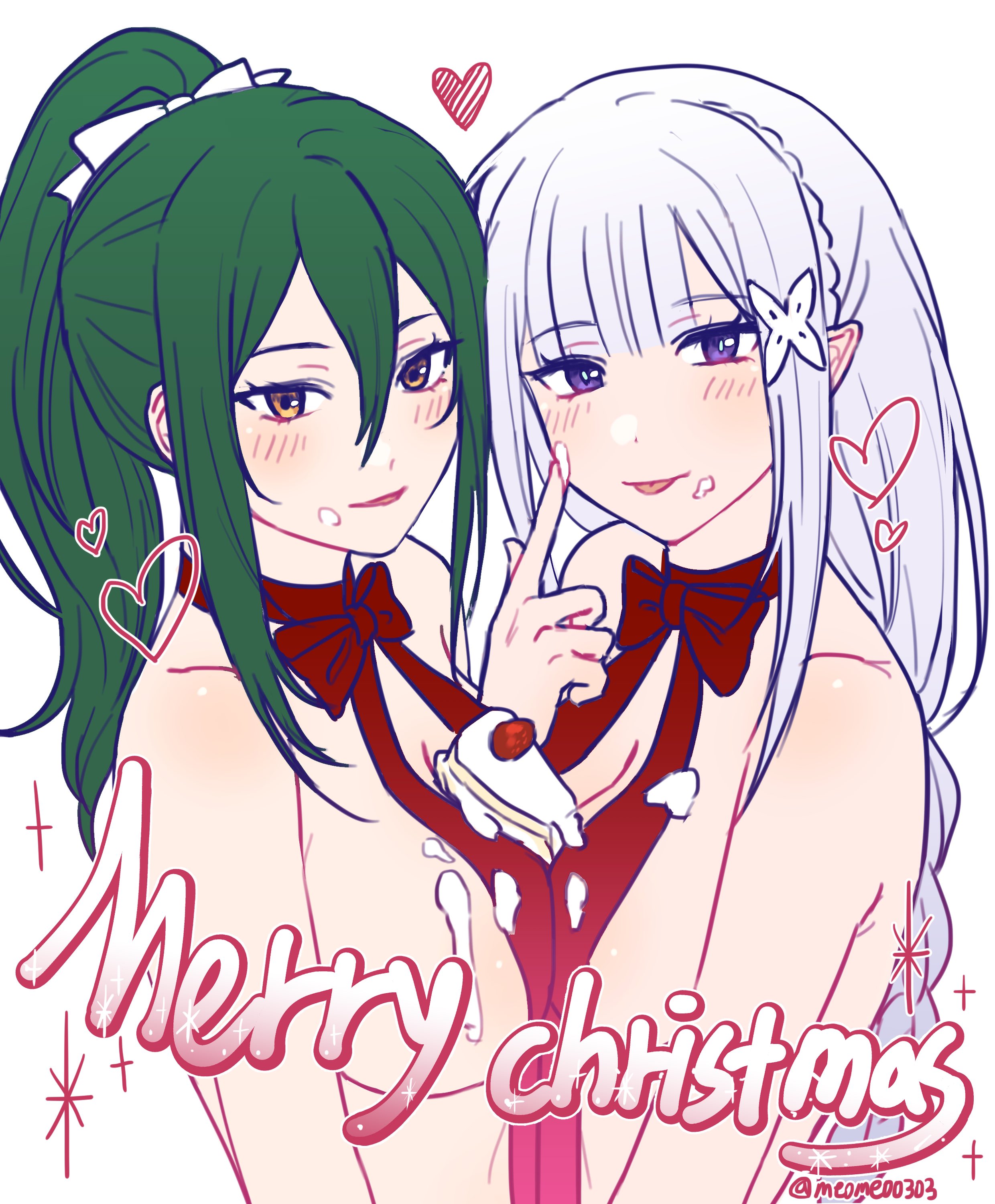 2girls, breast press, breasts, cake, christmas present, cleavage, crusch karsten, elf, elf ears, elf female, emilia (re:zero), female, food play, green hair, looking at viewer, meomeo0303, naked, naked female, nude, nude female, purple eyes, re:zero kara hajimeru isekai seikatsu, sideboob, silver hair, standing, white background