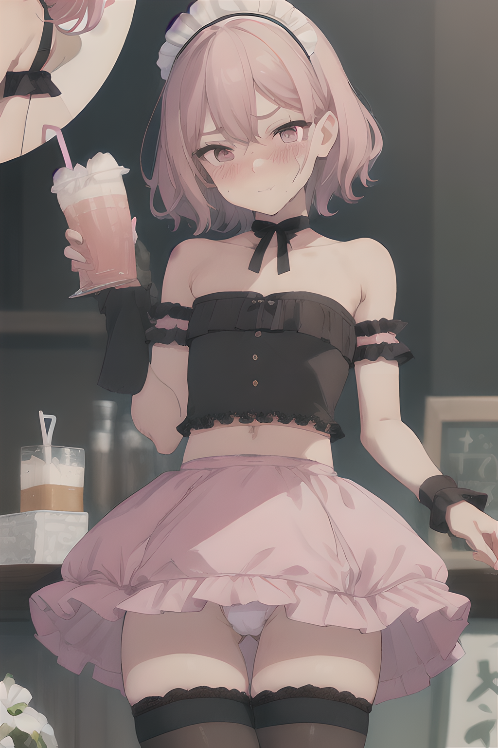 ai_generated bare_shoulders blush cute female flat_chest panties pink_eyes pink_hair shy skirt stable_diffusion strapless thigh_gap thigh_highs uniform upskirt waitress