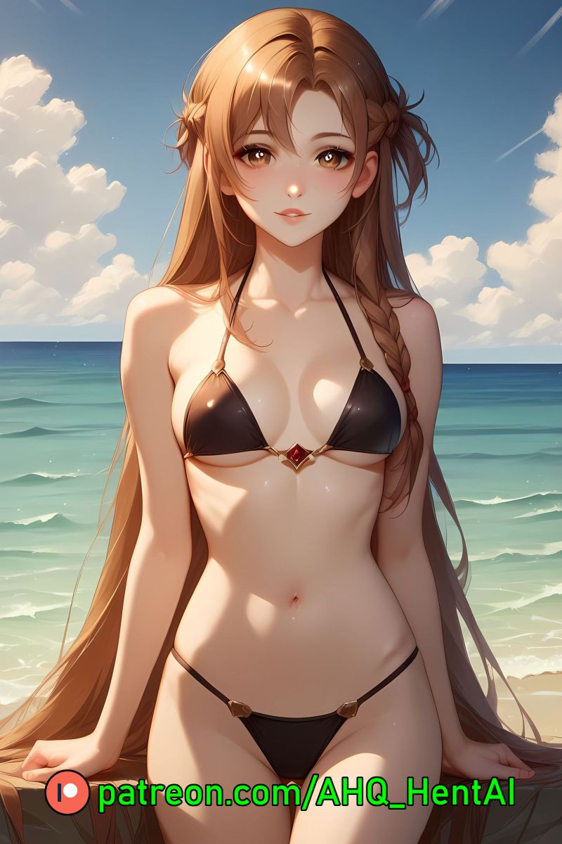 1girls ahq_hentai ai_generated beach bikini blush brown_eyes brown_hair female medium_breasts patreon perfect_body stable_diffusion standing sword_art_online wet yuuki_asuna