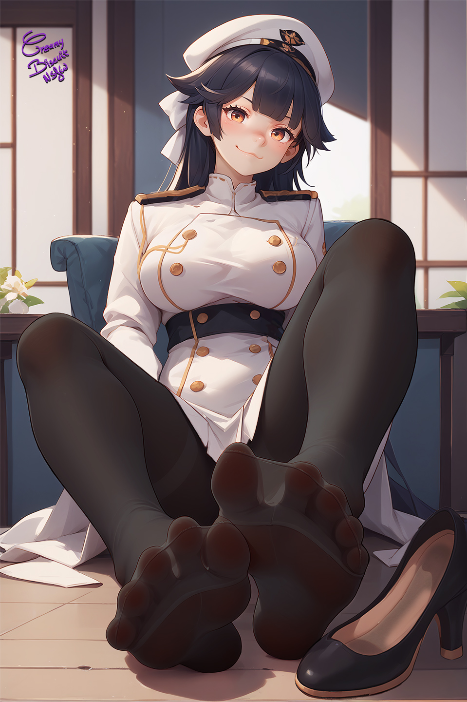 ai_assisted bangs black_footwear black_hair black_pantyhose bow breasts brown_eyes creamybiscuit dated double_breasted feet foot_focus hairbow high_heels large_breasts long_hair military military_uniform no_shoes pantyhose shoes shoes_removed signature skirt smile soles takao_(azur_lane) thighband_pantyhose toes uniform white_bow