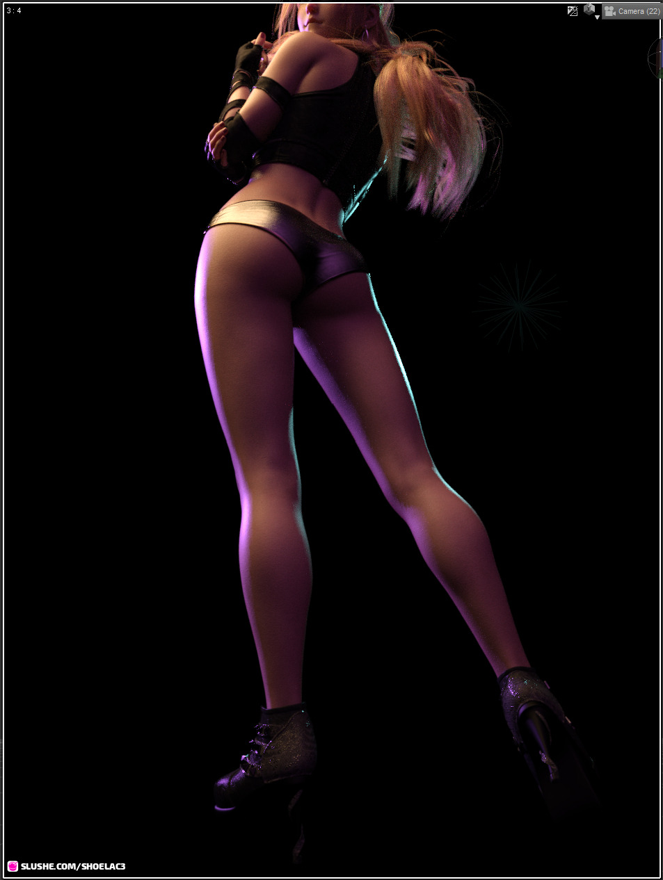 1girls 3d ass black_background blonde_hair boyshorts brown_hair depth_of_field earrings female female_only high_heels long_hair looking_at_viewer looking_back micro_shorts panties pinup ponytail purple_nail_polish purple_nails shoelac3 short_shorts shorts slushe_(website) solid_color_background solo standing