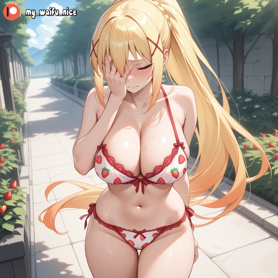 ai generated, bikini, blonde hair, darkness (konosuba), female, kono subarashii sekai ni shukufuku wo!, konosuba, outdoors