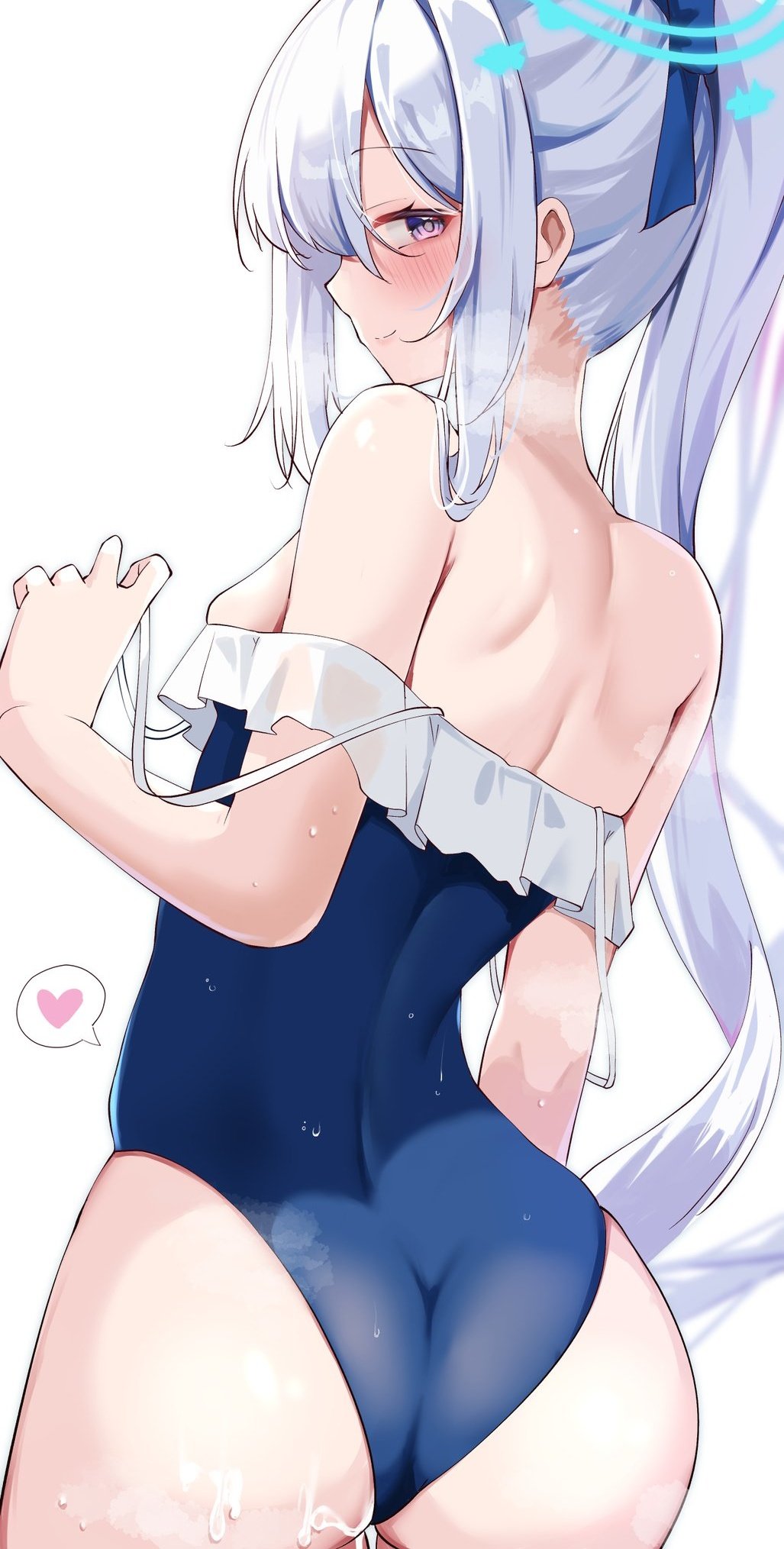 ass back blue_archive blue_halo blue_one-piece_swimsuit calin casual_one-piece_swimsuit cum cum_on_ass cum_on_body female frilled_one-piece_swimsuit frills from_behind halo heart highres implied_after_sex long_hair looking_at_viewer looking_back miyako_(blue_archive) miyako_(swimsuit)_(blue_archive) off-shoulder_one-piece_swimsuit off_shoulder official_alternate_costume one-piece_swimsuit ponytail purple_eyes smile solo spoken_heart strap_slip swimsuit white_background white_hair