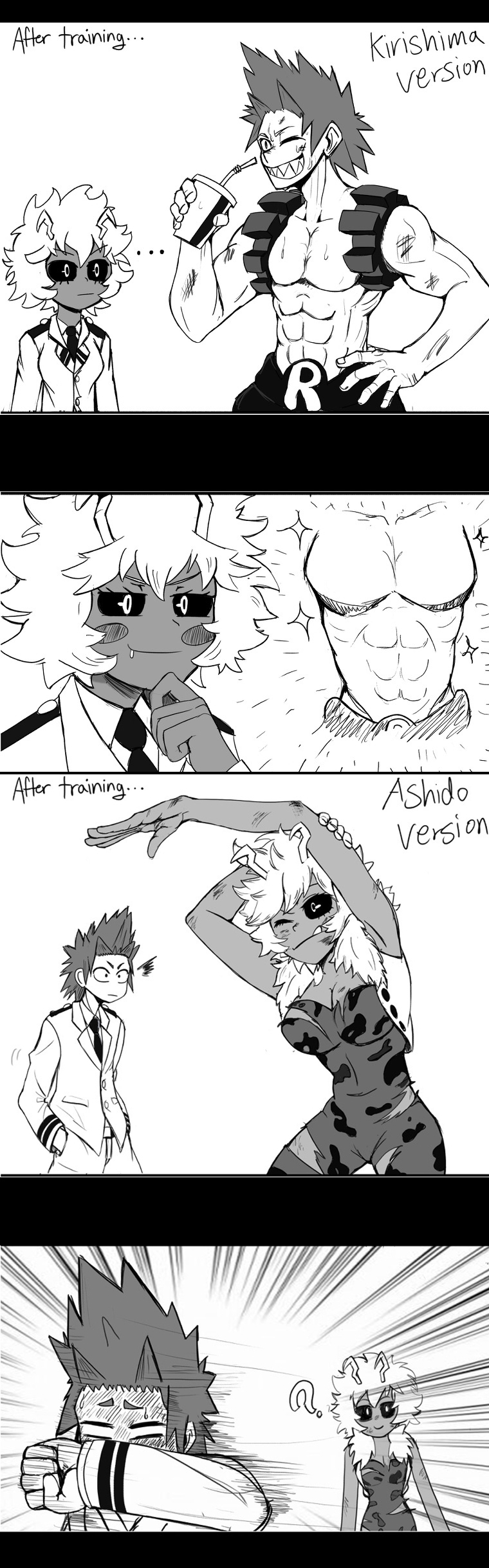 1boy 1girls ? abs after_workout black_and_white black_sclera blush clothed dirty_thoughts eijirou_kirishima female heavy_blush hero_outfit_(mha) horns innocent male mina_ashido muscular muscular_male my_hero_academia ripped_bodysuit ripped_clothing straight tight_clothes tight_clothing training u.a._school_uniform wink workout