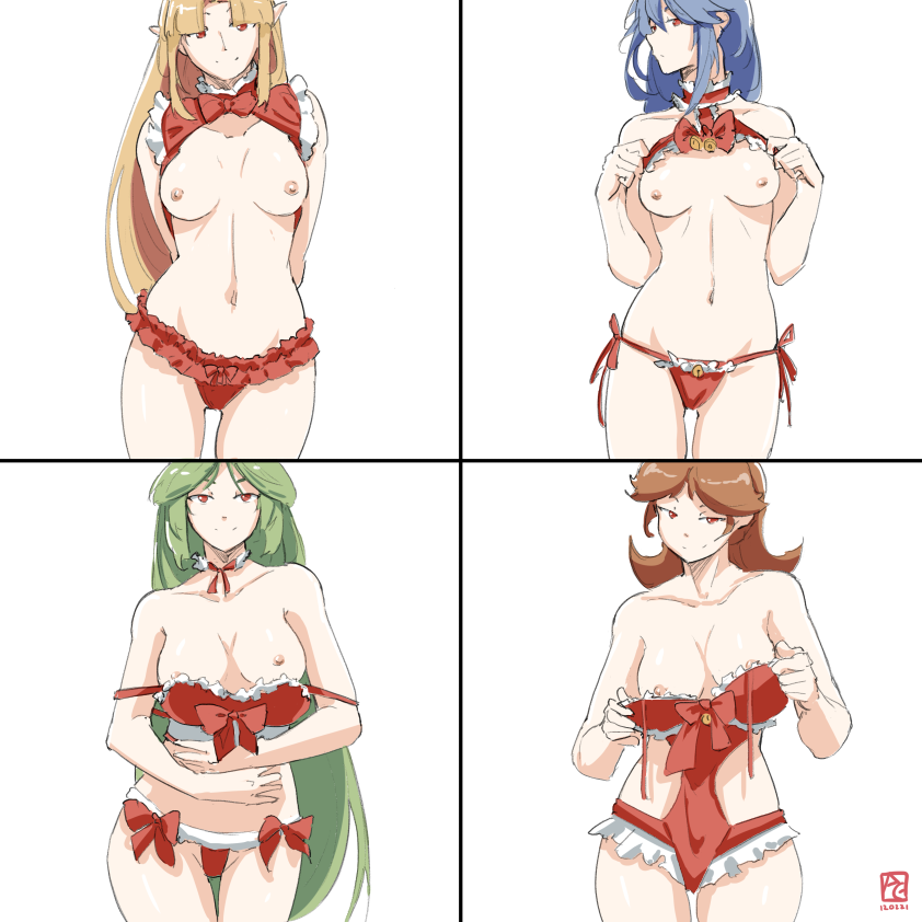 4girls alternate_costume alternate_eye_color autolewd automatic_giraffe blonde_hair blue_hair bow bow_panties bowtie bra breasts brown_hair choker christmas_outfit crossover fair-skinned_female fair_skin female female_only fire_emblem fire_emblem_awakening green_hair kid_icarus light-skinned_female light_skin long_hair looking_at_viewer lucina_(fire_emblem) mario_(series) medium_breasts multiple_girls nintendo nipples palutena panties princess_daisy princess_zelda red_bra red_eyes red_panties simple_background small_breasts standing super_smash_bros. the_legend_of_zelda underwear underwear_only undressing very_long_hair white_background zelda_(a_link_between_worlds)