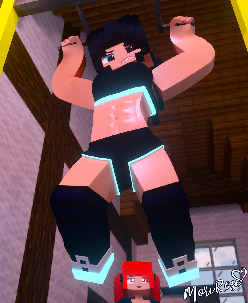 1futa 1girl 3d abs black_hair black_socks black_topwear braces c4d caithlyn_(morirosemc) determined double_color_eyes female futa futanari gym_clothes happy_face heart-shaped_pupils home_training minecraft mori_rose_(morirosemc) morirosemc neon_lights ponytails red_hair short_pants sweat training watching white_shoes