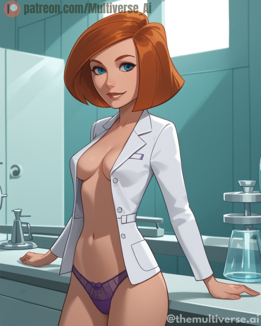 ai_generated ann_possible blue_eyes female kim_possible labcoat multiverseai open_labcoat panties purple_panties red_hair solo