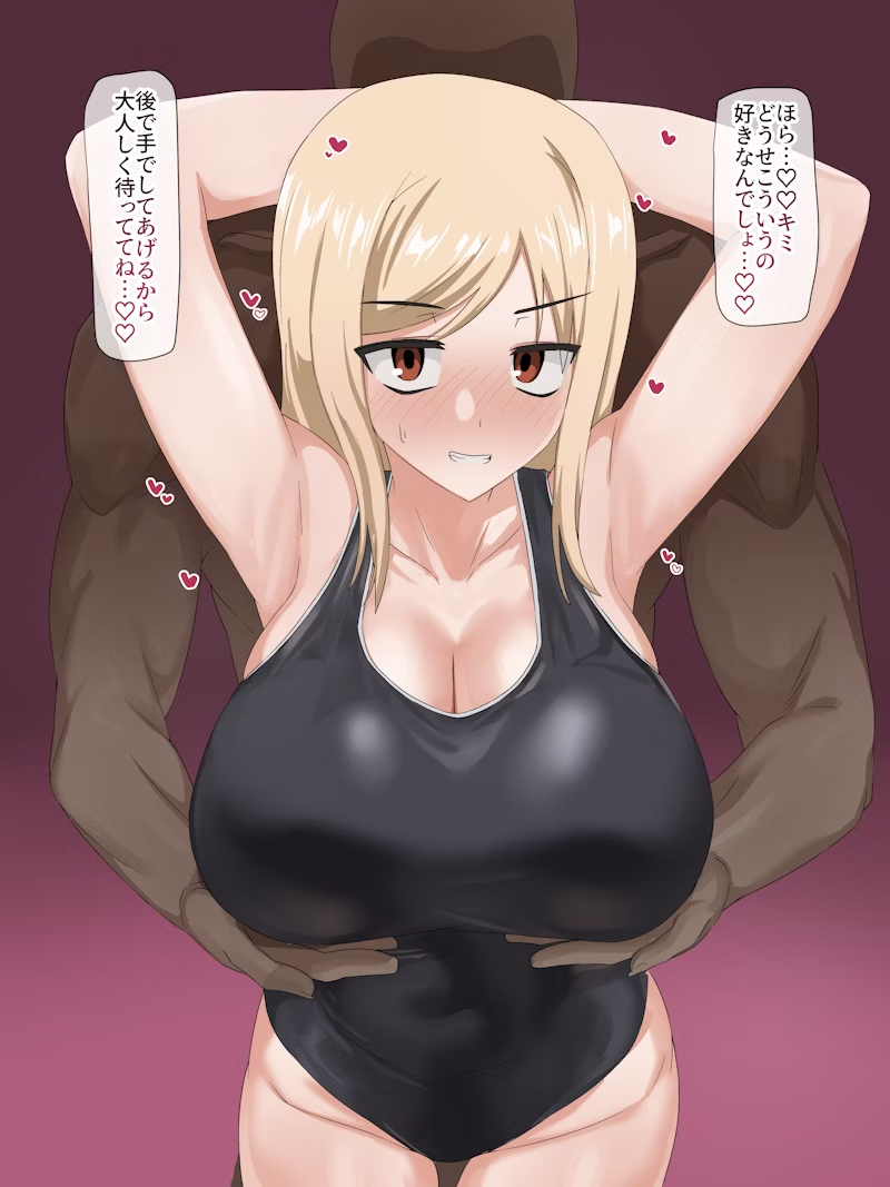 1boy 1girls armpits arms_above_head arms_behind_head arms_up bald bald_man big_breasts blonde_female blonde_hair blush blush_lines blushing_at_viewer breast_grab breasts brown_eyes cheating cheating_girlfriend cleavage cuckold cuckold_pov dark-skinned_male dark_skin enari eyebrows eyebrows_visible_through_hair eyes_visible_through_hair faceless_character faceless_male female_focus grabbing grabbing_from_behind gradient_background grin groping groping_breasts groping_from_behind hair_over_shoulder heart hearts_around_body hearts_around_head holding_breast holding_breasts imminent_sex interracial japanese_text long_hair male_behind_female muscular muscular_male netorare netorase ntr pov smile sweat sweatdrop swimsuit taller_male text text_bubble translated