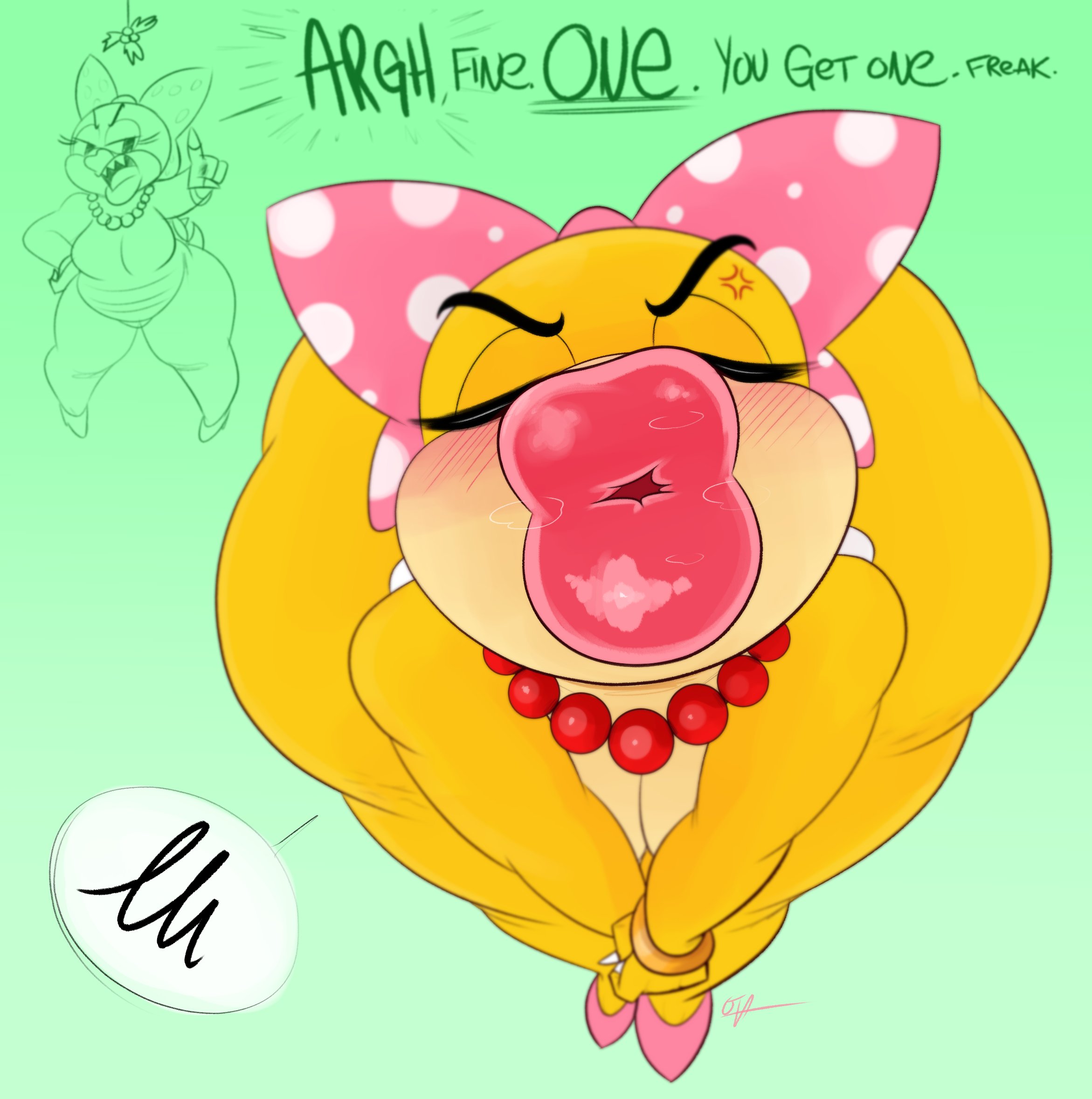 1girls, anger vein, annoyed, anthro, ass, big ass, big lips, blush, bottom heavy, breasts, bubble ass, bubble butt, buchukisu, closed eyes, dialogue, english text, female, female only, front view, full body, gradient background, green background, hairbow, huge ass, insulting viewer, kissing, leaning forward, lips, mario (series), mistletoe, nintendo, ota (artist), pearl necklace, pov, pov kiss, puffy lips, scalie, shortstack, simple background, solo, solo female, solo focus, standing, text, thick lips, thick thighs, thighs, wendy o. koopa, wholesome, wide hips
