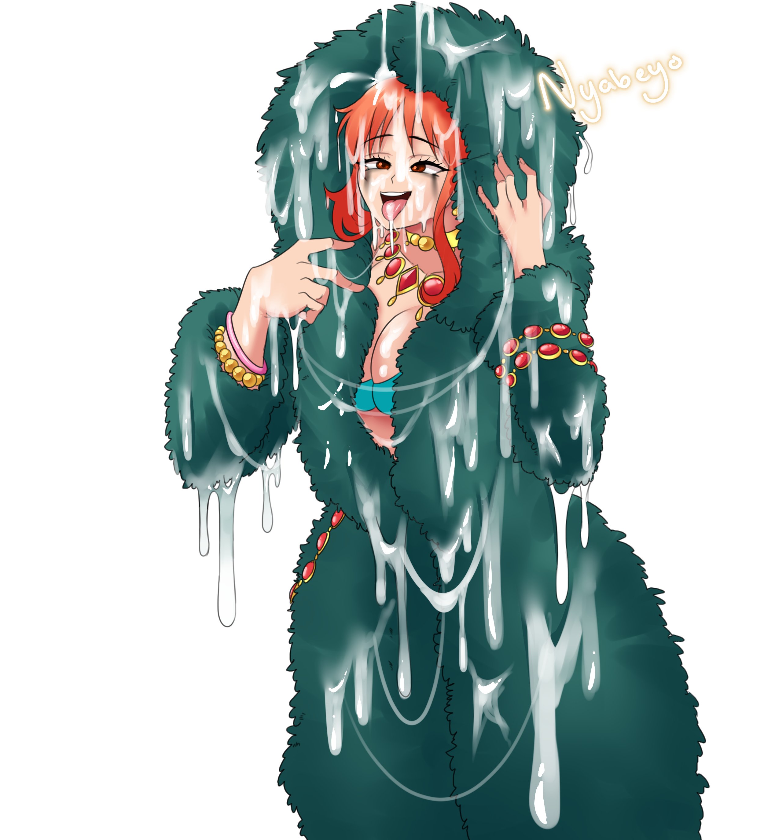 1girls, 2d, cum, cum on body, cum on clothes, cum on upper body, female, female only, nami (one piece), nyabeyo, one piece, smile, solo