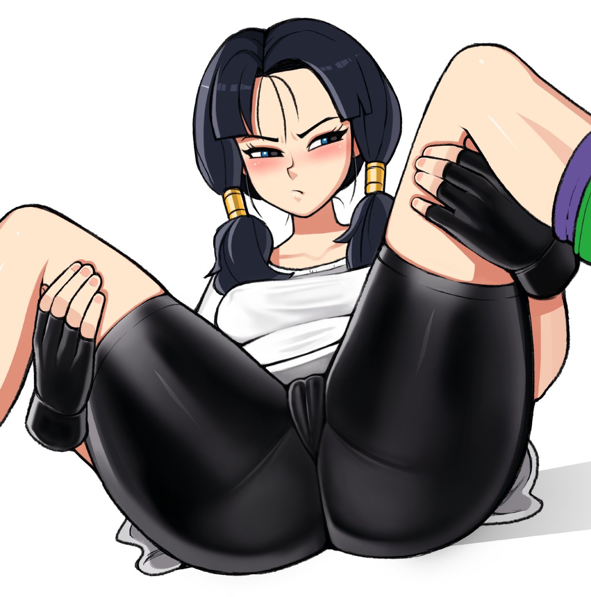 1girls, black hair, blue eyes, blush, breasts, cameltoe, clothed, dragon ball, dragon ball z, embarrassed, female, female only, frown, loodncrood, looking away, pussy, shorts, solo, spandex shorts, spread legs, thick thighs, thighs, tight clothing, twintails, videl