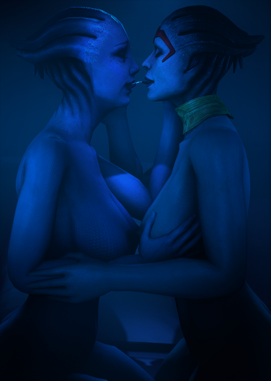 2girls, 3d, alien girl, asari, blue background, blue body, female, female only, lesbian kiss, liara t'soni, mass effect, poster, samara, sfm, skeletron27, source filmmaker, yuri