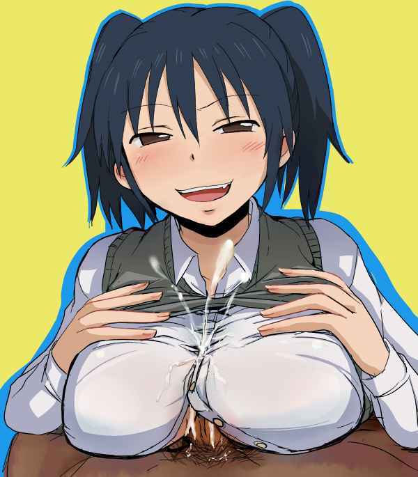 blush blushing blushing_at_viewer button_down_shirt buttons clothing clothing_lift cum cum_through_clothes cum_through_clothing cumshot danshi_koukousei_no_nichijou ejaculation looking_at_viewer outercourse paizuri paizuri_under_clothes pov small_penis sweater_vest vest