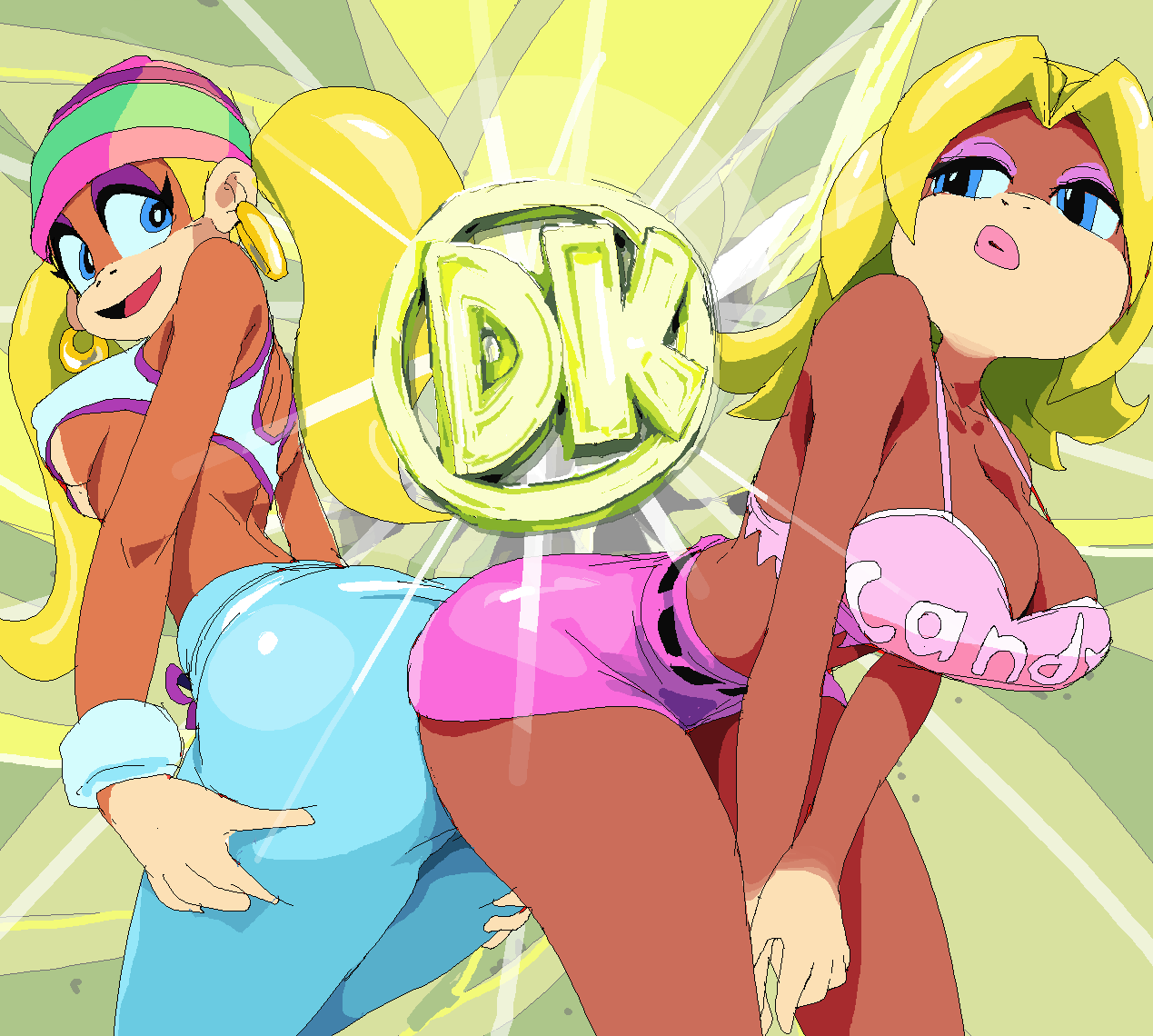 2girls anthro ape ass ass-to-ass big_breasts candy_kong donkey_kong_(series) female female_only multiple_girls nintendo pink_shorts tagme tanline tiny_kong yev-san