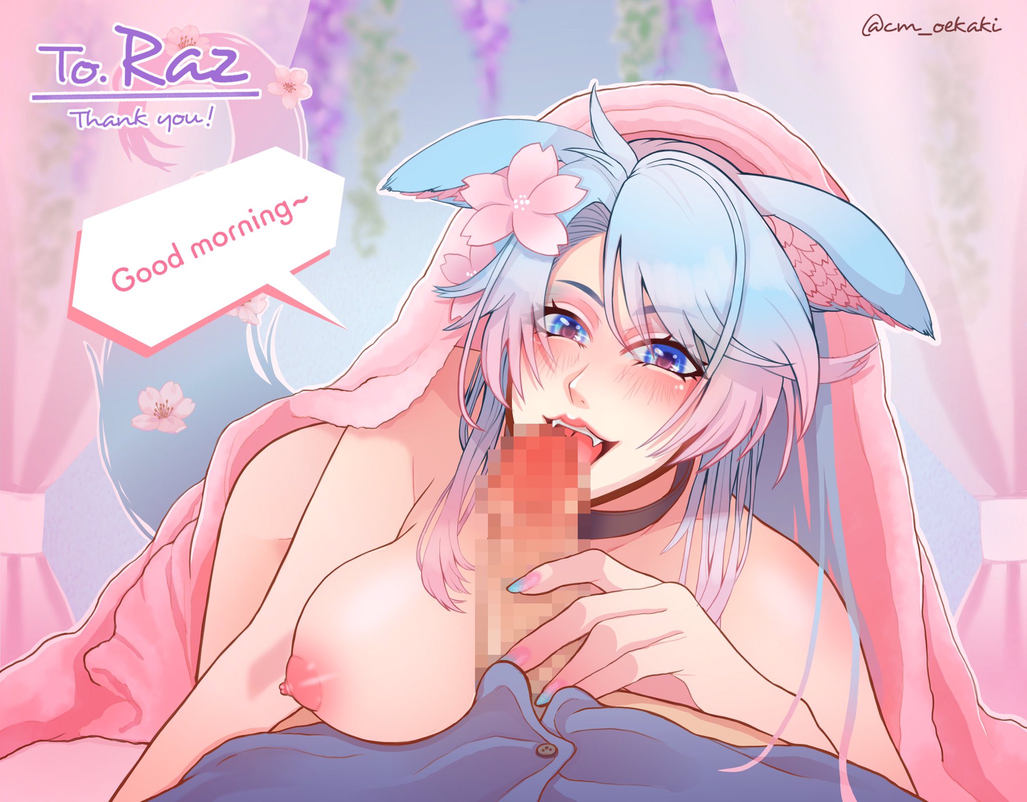 areolae, blue eyes, blue hair, blush, breasts, censored, censored penis, choker, cm oekaki, commission, fellatio, female, flower in hair, hand on penis, indie virtual youtuber, large breasts, licking penis, male, mosaic censoring, nipples, oral, oral sex, penis, pink highlights, silvervale, speech bubble, text bubble, two-tone hair, under covers, under the table, virtual youtuber, wolf ears, wolf girl