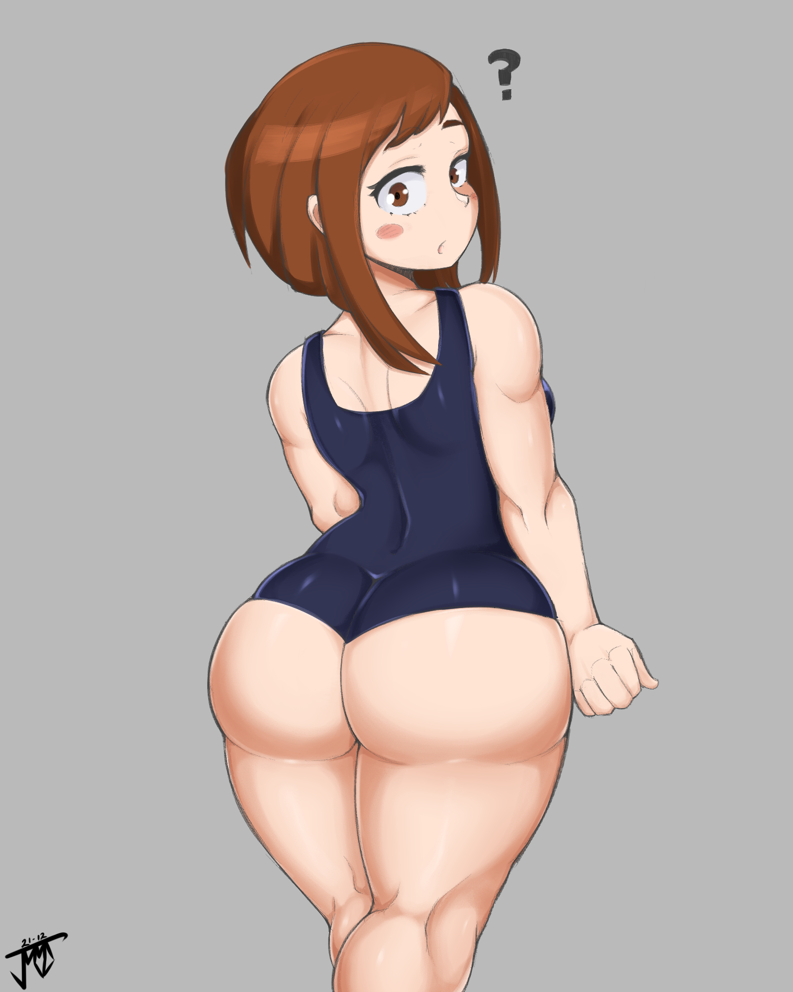 ?, 1girls, ass, big ass, big butt, breasts, brown eyes, brown hair, brown-haired female, female, grey background, jmvmaa, large ass, looking at viewer, looking back, my hero academia, ochako uraraka, short hair, solo, standing, swimsuit, thick ass, thick thighs, thighs