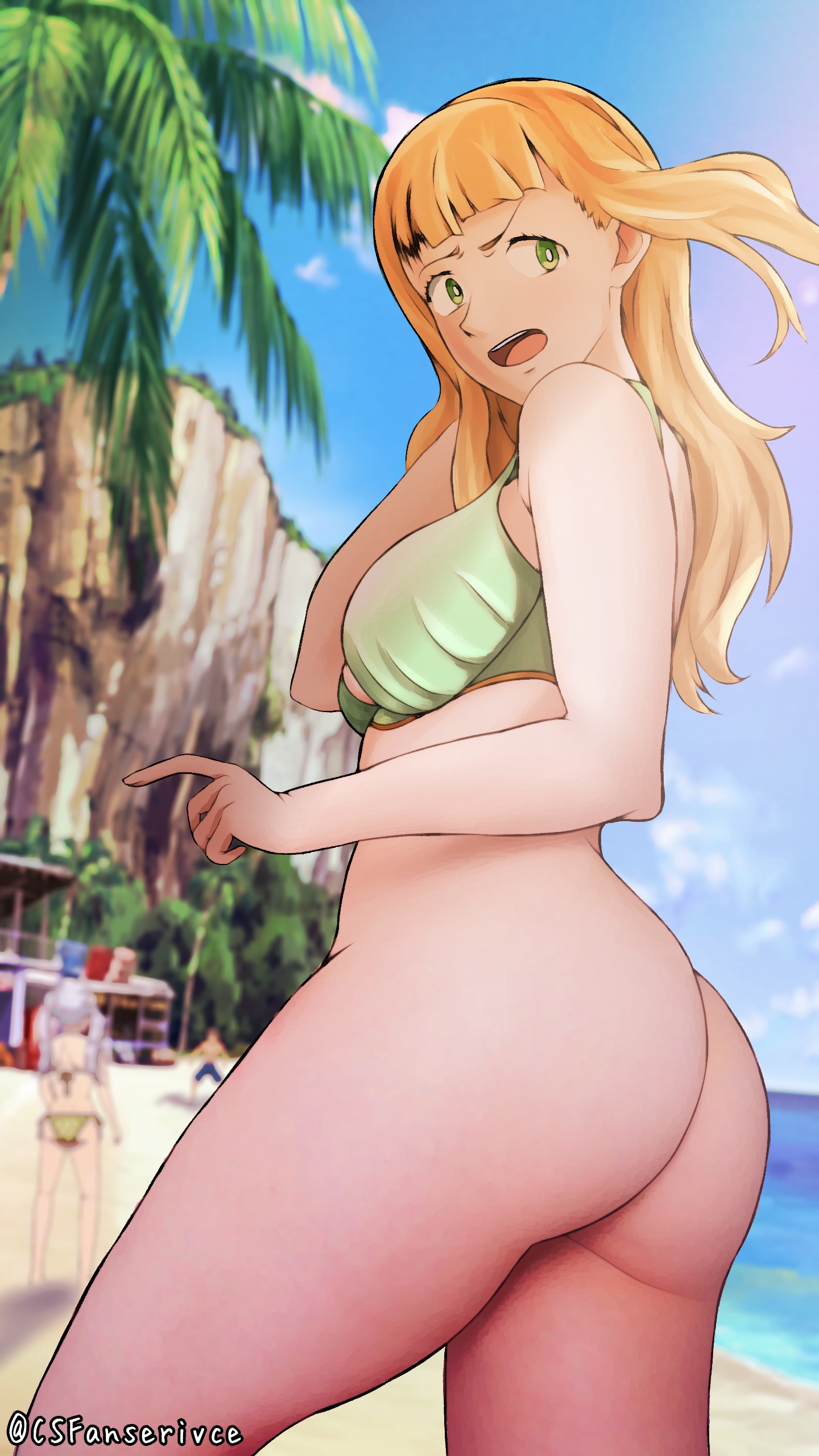 2girls, ass, beach, big ass, black clover, female, female focus, green eyes, mimosa vermillion, multiple females, multiple girls, noelle silva, orange hair, solo focus