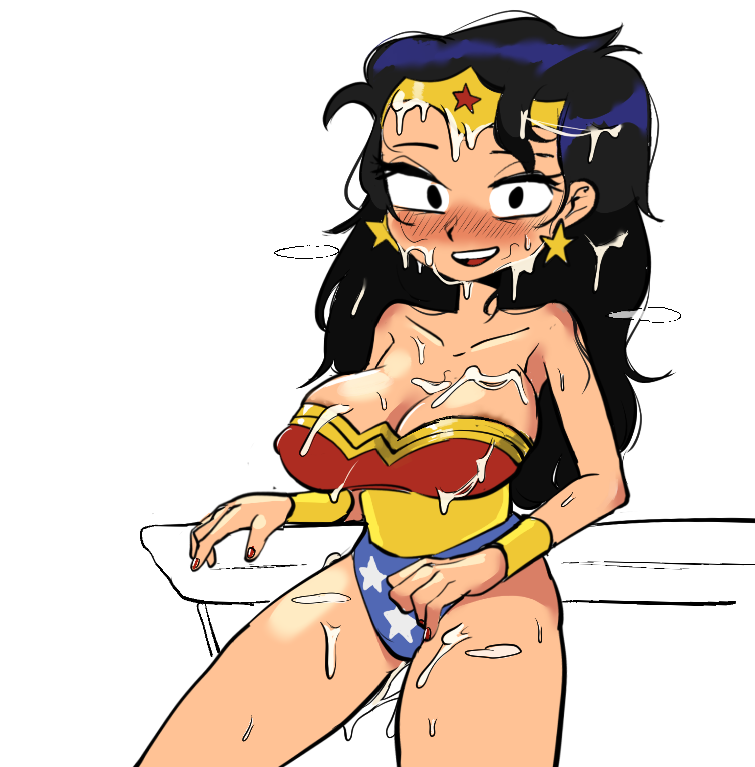 1girls, big breasts, black eyes, black hair, blush, breasts, canonical scene, cum, cum on body, cum on breasts, dc, dc comics, earring, eyelashes, facial, female, flehmen resp (hentaicat), light skin, light-skinned female, long hair, nails, red nails, teen titans go, wonder woman, wonder woman (series), wonder woman (teen titans go)