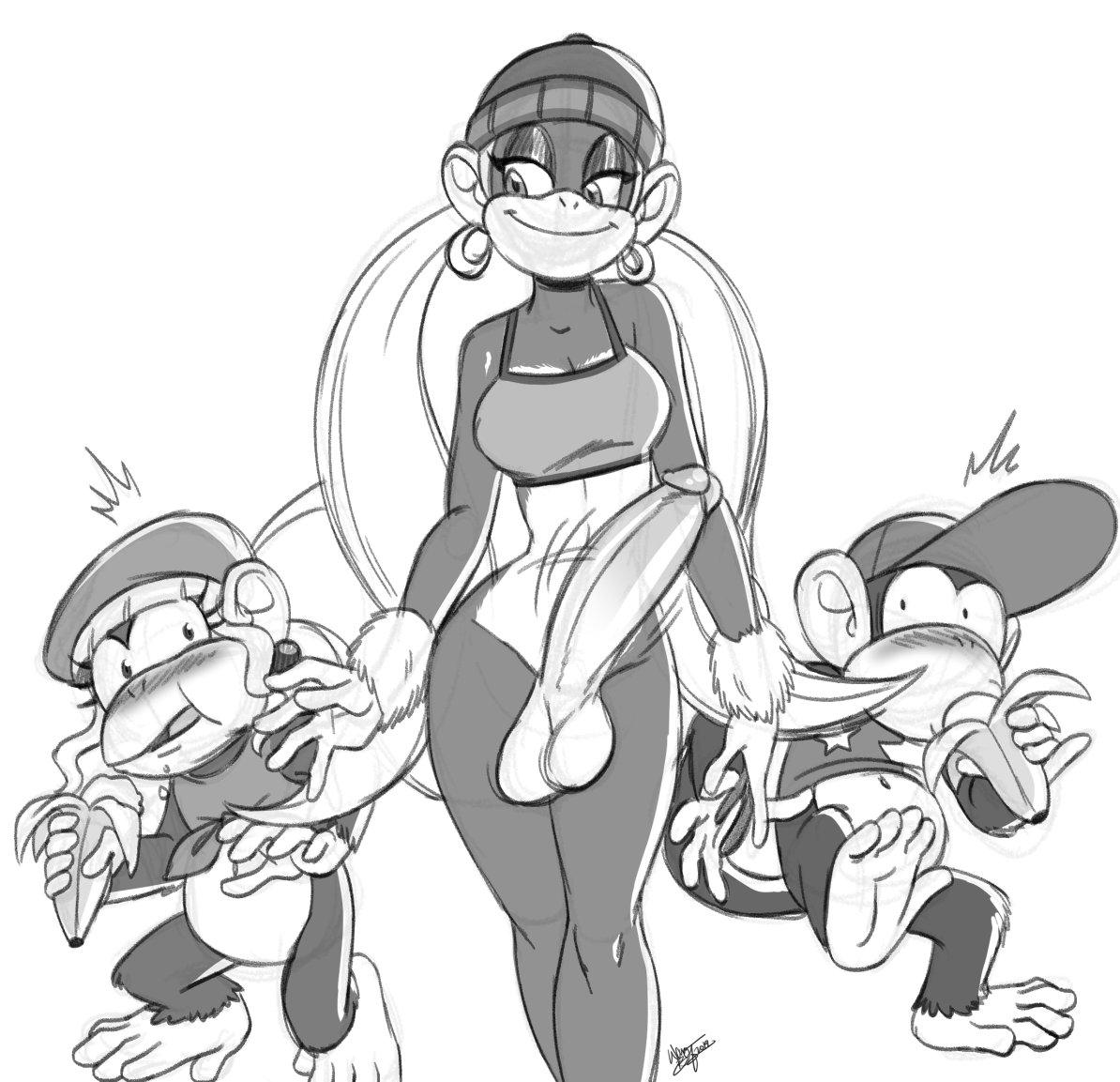 1boy, 1futa, 1girls, aeolus06, anthro, balls, big breasts, big penis, blush, bottomless, breasts, clothed, clothing, diddy kong, dixie kong, donkey kong (series), donkey kong country, erection, female, furry, futanari, humanoid, intersex, male, monochrome, nintendo, partially clothed, penis, standing, tiny kong