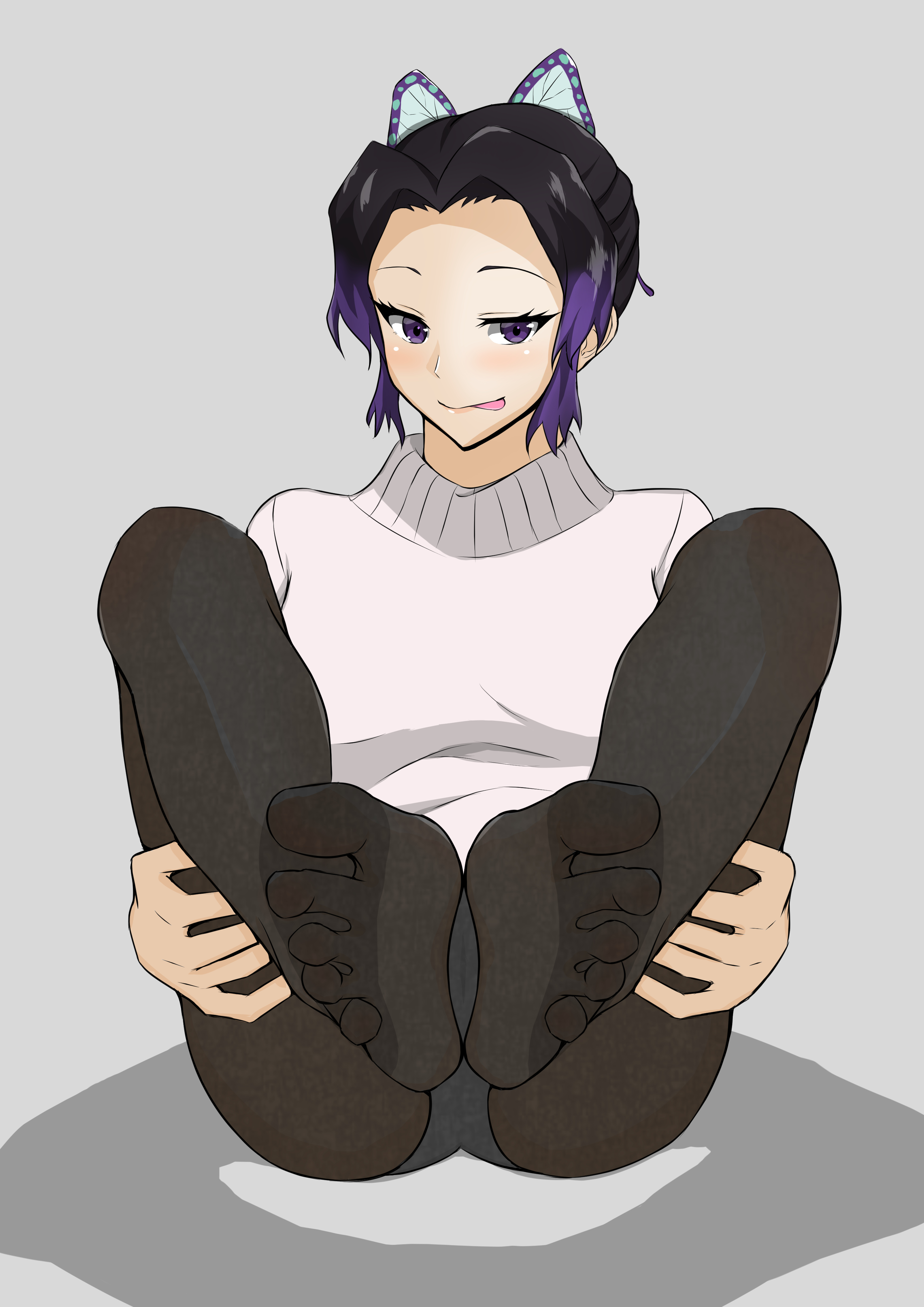 alternate costume, alternate version available, black hair, black legwear, butterfly hair ornament, demon slayer, feet, feet together, female, female only, foot fetish, foot focus, kimetsu no yaiba, kochou shinobu, legs up, looking at viewer, panties, panties under pantyhose, pantyhose, purple eyes, roru a mero, sitting, smile, soles, solo, solo female, sweater, thigh grab, tongue, tongue out, turtleneck, turtleneck sweater, two-tone hair
