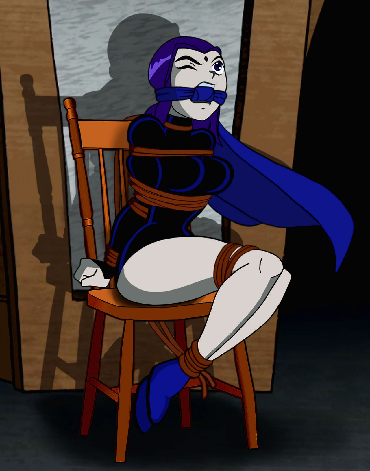 1girls bondage bound chair_bondage clothed clothed_female dc dc_comics female forehead_jewel gag gagged leotard liganometry purple_hair rachel_roth raven_(dc) rope_bondage straight_hair teen_titans