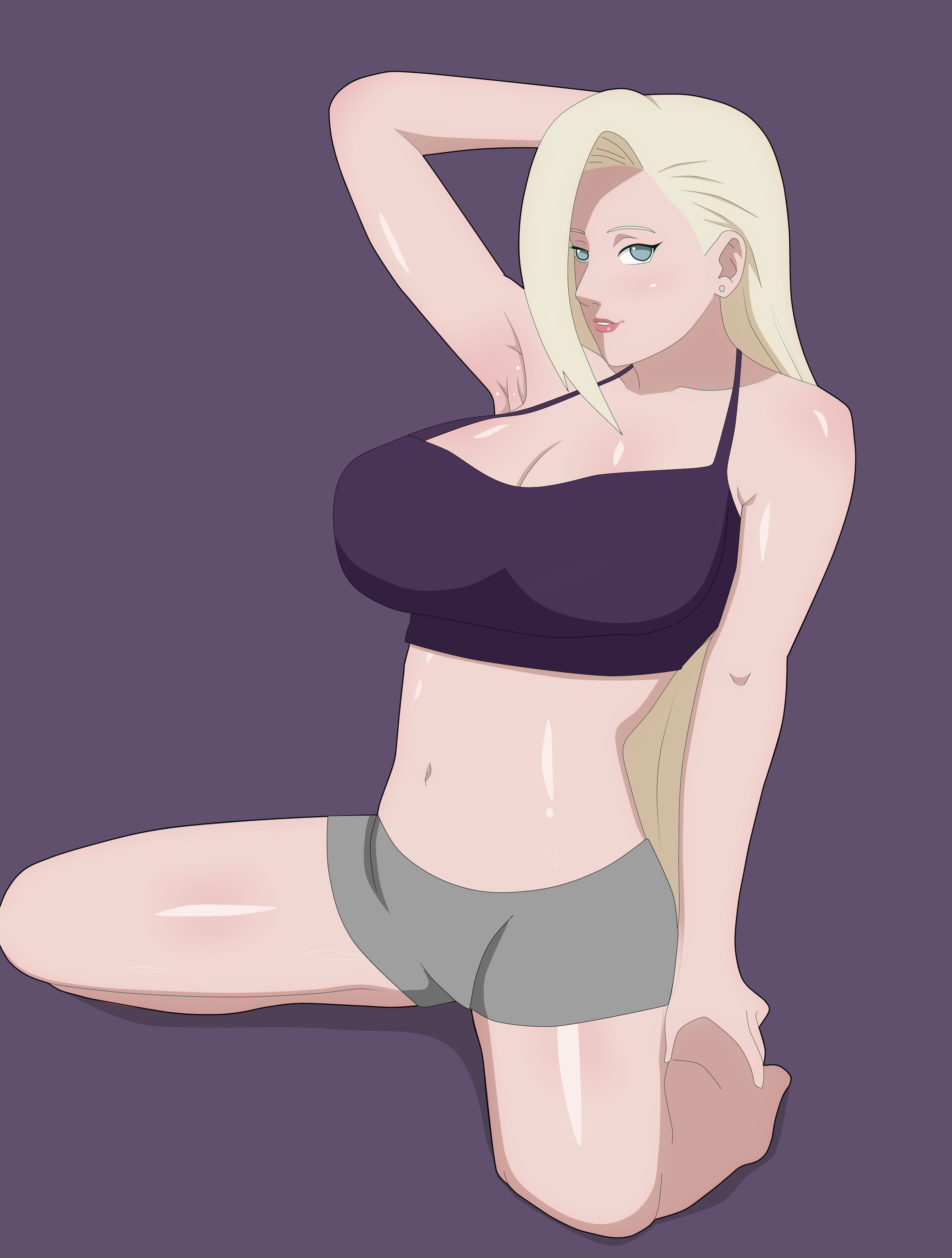 1girls, agung911, alternate breast size, arm behind head, arm up, armpits, bare legs, bare shoulders, barefoot, big breasts, bike shorts, blonde hair, blue eyes, breasts, busty, cleavage, earrings, feet, female, female only, fully clothed, hair over one eye, huge breasts, ino yamanaka, jewelry, kneeling, lipstick, long hair, makeup, midriff, naruto, naruto (series), naruto shippuden, naruto: the last, no shoes, on knees, plain background, purple background, shiny, shiny hair, shiny skin, simple background, skindentation, sleeveless, sleeveless shirt, solo, solo focus, spread legs, stud earrings, tank top, very long hair, workout clothes