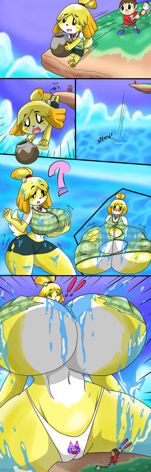 1boy, 1girls, animal crossing, anthro, ass, ass expansion, body growth, body growth (enlargement), breast expansion, breast growth, breast growth (enlargement), breasts, bursting breasts, erect nipples, expansion, female, giantess, gigantification, growth, hourglass figure, huge ass, huge breasts, isabelle (animal crossing), male, nintendo, nipples, panties, super smash bros., thick thighs, villager (animal crossing), wandering-flames, wardrobe malfunction, water, wide hips