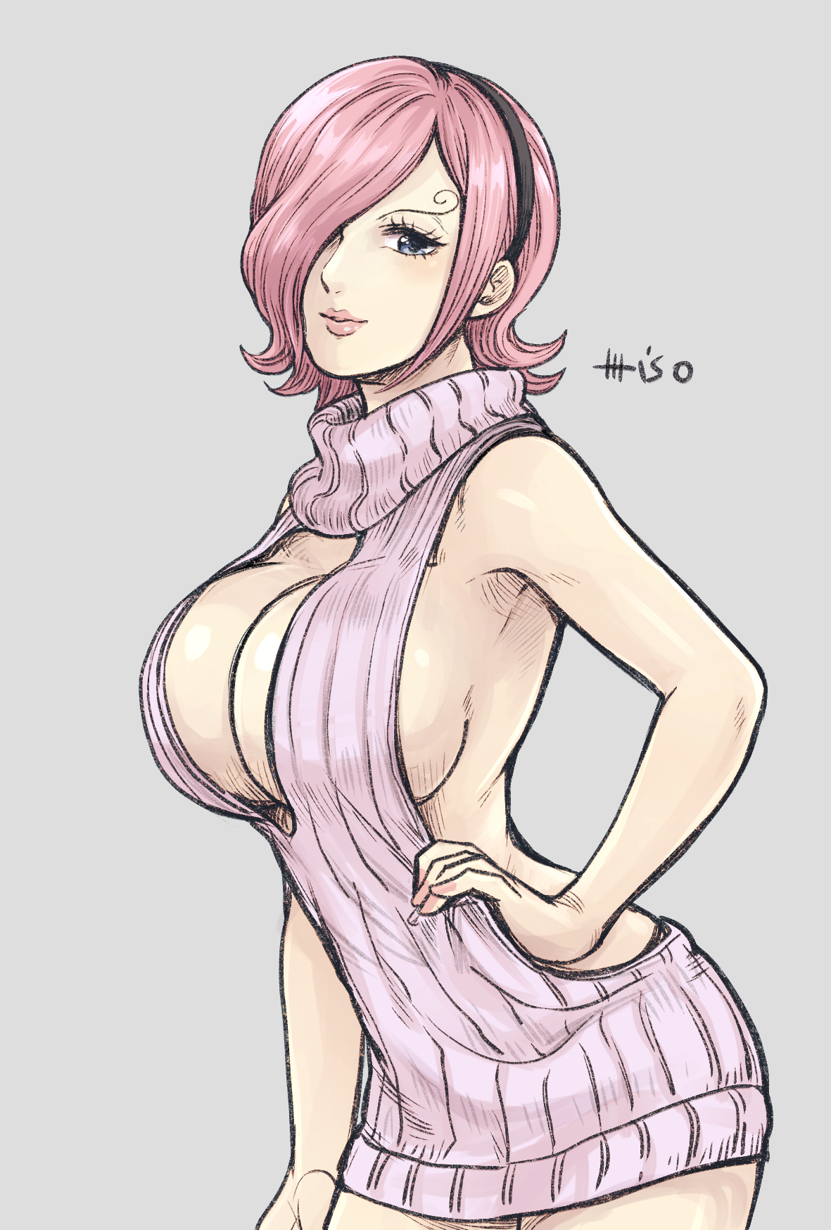 1girls, big breasts, blue eyes, breasts, clothed, curly eyebrow, female, female only, hairband, hand on waist, huge breasts, looking at viewer, miso op, one eye covered, one piece, pink hair, pink lips, pink-haired female, plain background, posing, shaved armpit, short hair, skimpy, solo, sweater, turtleneck, turtleneck sweater, vinsmoke reiju, virgin killer sweater