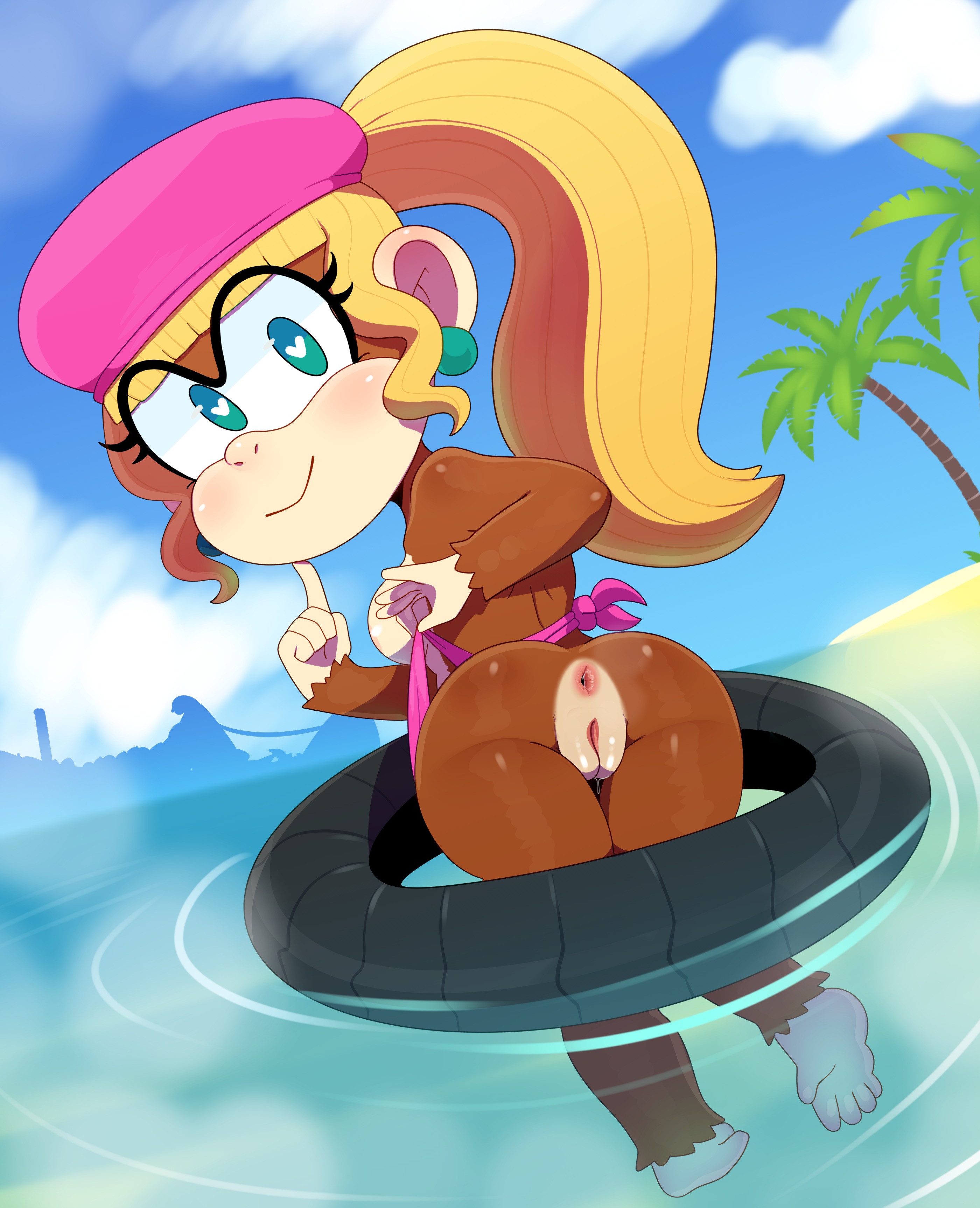 anthro, anus, ass, breasts, clothing, dixie kong, donkey kong (series), female, fur, furry, furry only, haplorhine, hi res, looking back, monkey, monkey girl, nintendo, partially submerged, presenting, presenting anus, presenting hindquarters, presenting pussy, primate, pussy, solo, somescrub, tagme