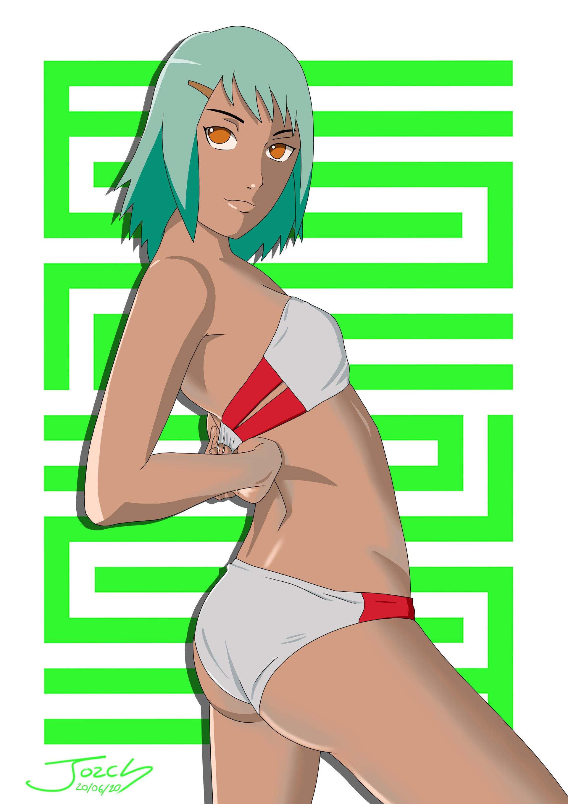 1girls, 2020, adapted costume, adjusting swimsuit, artist name, ass, bare arms, bare legs, bare shoulders, bikini, breasts, dark skin, dark-skinned female, dated, female, female only, from behind, fuu (naruto), green hair, hair ornament, hairclip, jinchuriki, jorch jacg, long hair, midriff, naruto, naruto (series), naruto shippuden, orange eyes, petite, pinup, shiny, shiny hair, shiny skin, shoulder length hair, side view, sideboob, small breasts, smile, solo, solo focus, standing, strapless, strapless bikini, swimsuit, watermark