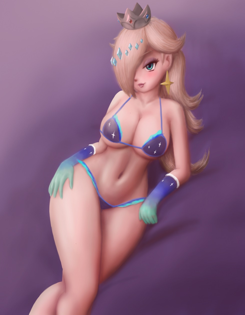 1girls big_breasts bikini blonde_hair blue_bikini blue_eyes breasts crown earrings female female_only gloves hair_over_one_eye long_hair lying mario_(series) mario_kart mario_kart_tour nintendo pale-skinned_female pose princess_rosalina purple_background saf-404 safartwoks safartworks smile solo star_earrings