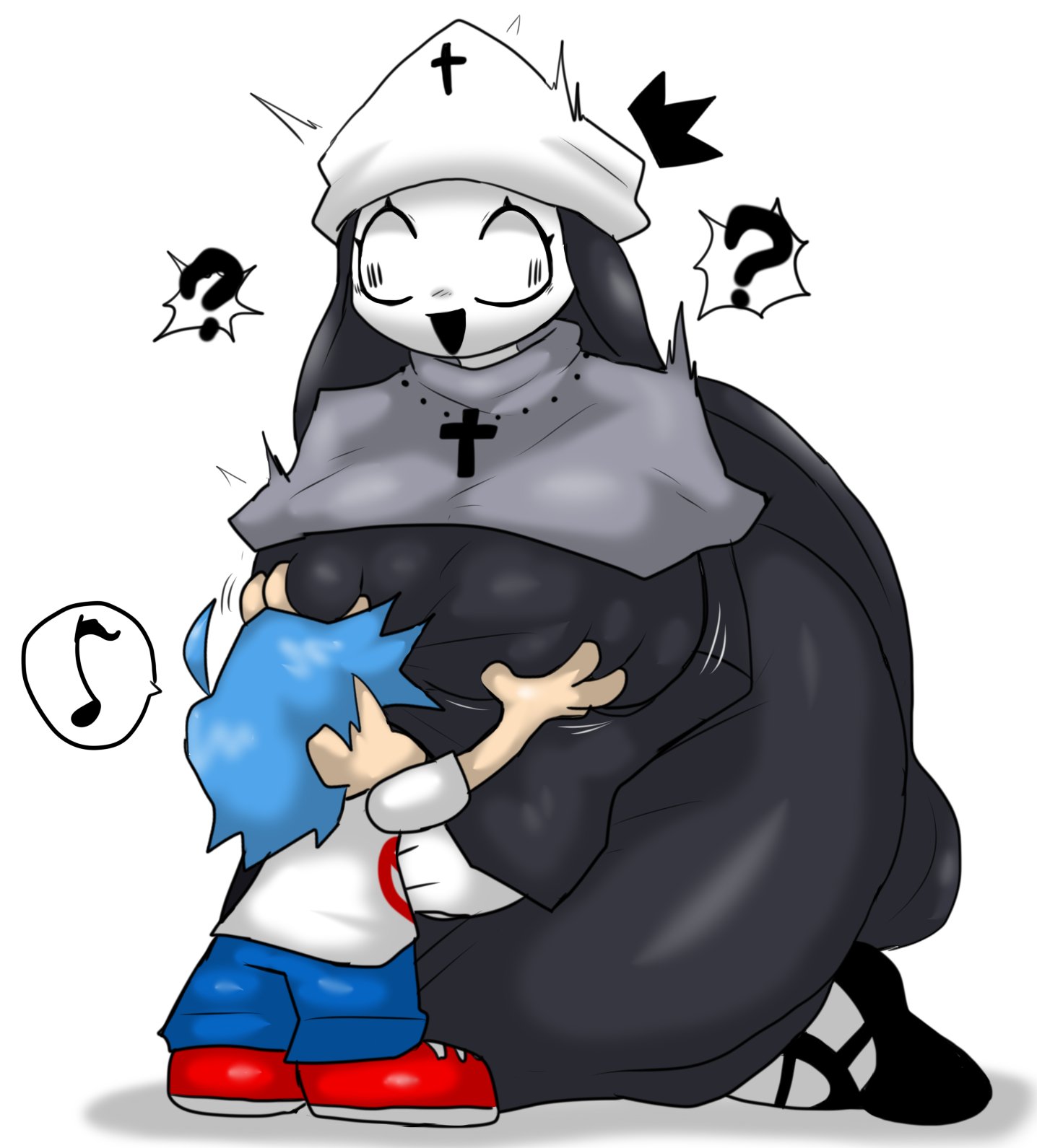 1boy, 1girls, big breasts, blue hair, boyfriend (friday night funkin), breast grab, breast squeeze, breasts, enigi09, female, fnf mods, friday night fever, friday night funkin, hat, huge breasts, larger female, male, nun, nun's habit, short hair, size difference, smaller male, straight, taki (fevertown)