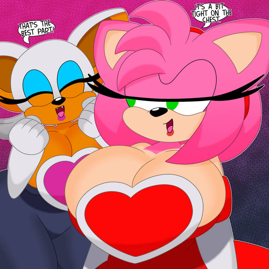 2girls, 3barts, amy rose, amy the bat, anthro, breasts, cleavage, dialogue, female, female only, green hair, huge breasts, multiple females, multiple girls, neckline, pink hair, rouge the bat, rouge the bat (cosplay), sega, sonic (series), speech bubble, thick thighs, tight clothing, tight fit, wide hips