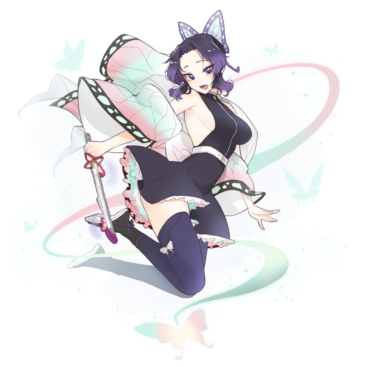 1girls, alternate costume, big breasts, black hair, black legwear, black thighhighs, breasts, butterfly hair ornament, dark hair, demon slayer, female, female only, frilled dress, full body, haori, katana, kimetsu no yaiba, kochou shinobu, kyarotto (zenkixd), looking at viewer, open mouth, purple eyes, purple hair, purple-haired female, sideboob, sleeveless, solo, sword, thighhighs, two-tone hair