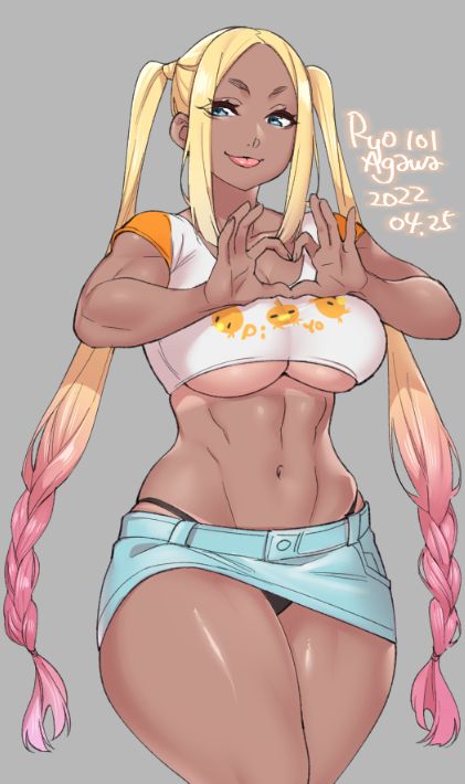 1girls, big breasts, blonde hair, blue eyes, breasts, curvy, dark skin, dark-skinned female, female, female only, large breasts, long hair, looking at viewer, midriff, miniskirt, navel, original, original character, panties, ryo agawa, skirt, solo, solo female, thick, thick thighs, twintails, two-tone hair, underboob, voluptuous, wide hips