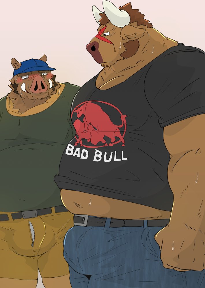 2021 anthro araiguma_11 belly blush bodily_fluids bottomwear bovid bovine brown_body brown_fur bulge cattle clothing duo fur hat headgear headwear humanoid_hands kemono male male/male mammal overweight overweight_male scar shirt shorts simple_background suid suina sus_(pig) sweat topwear wild_boar