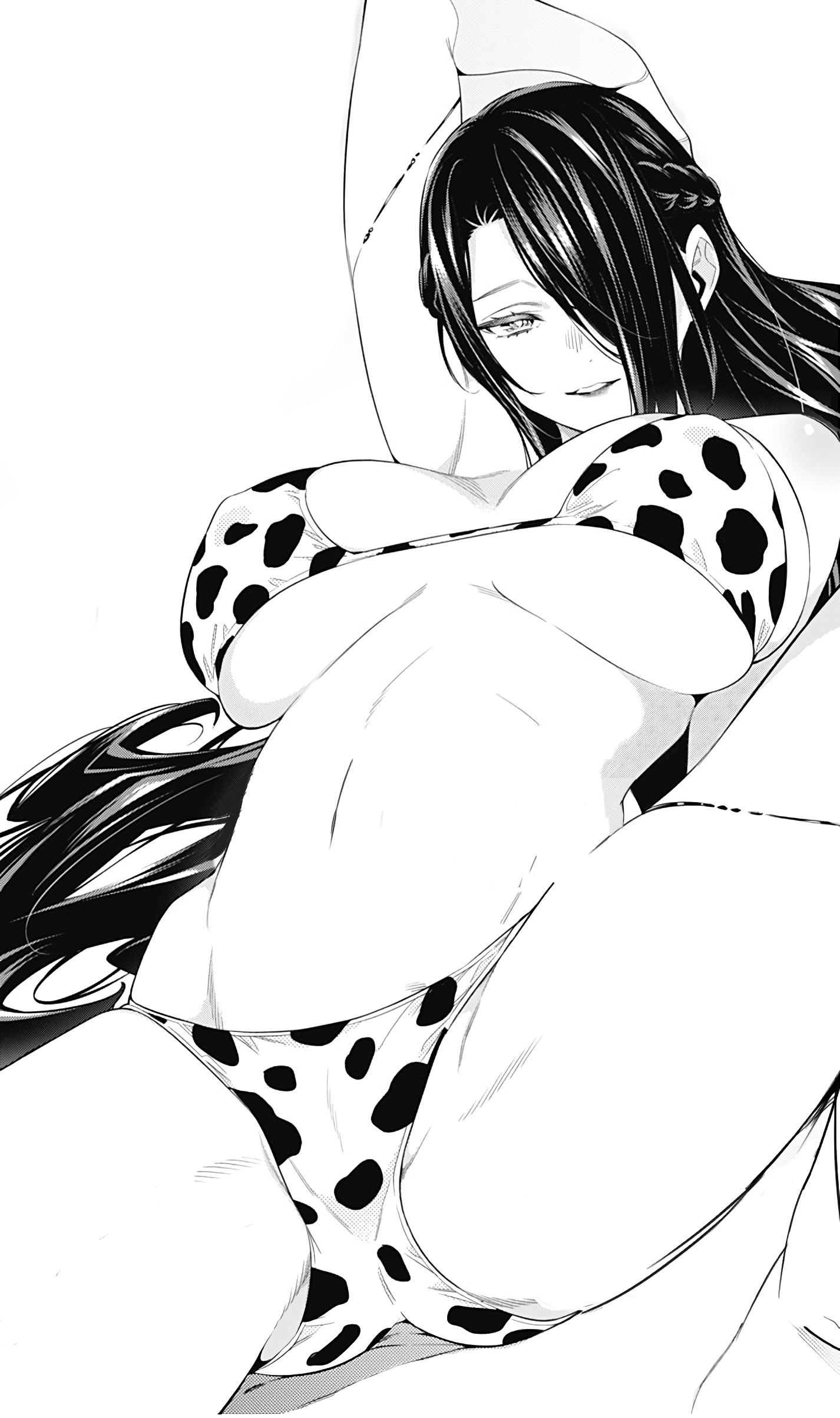 arm up, azuma fubuki, bangs, bangs over eyes, bedroom eyes, bikini, black and white, black hair, breasts, cameltoe, child bearing hips, curvaceous, curvy, deep skin, erect nipples, female, fit, fit female, hair over one eye, hand behind head, huge breasts, inviting, large breasts, long hair, lying, mato seihei no slave, mature female, milf, monochrome, naughty face, navel, nipples, official art, overflowing breasts, partially visible vulva, presenting, presenting pussy, pussy, seductive, seductive look, seductive smile, sideboob, skindentation, spread legs, sultry eyes, swimsuit, takemura youhei, thick thighs, thighs, toned, toned body, toned female, toned stomach, underboob, very long hair, voluptuous, wide hips