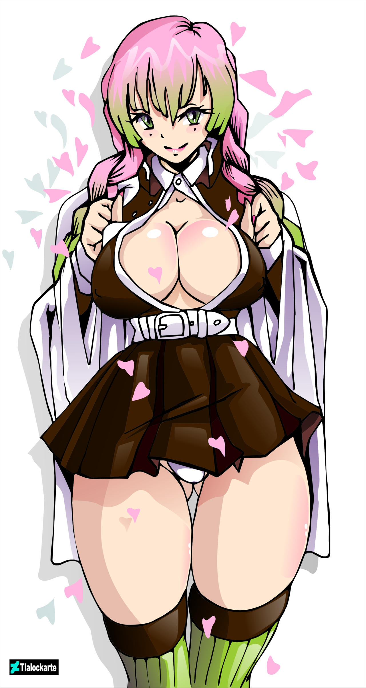 ass_visible_through_thighs bangs braided_hair cleavage demon_slayer female female_only green_eyes haori kanroji_mitsuri kimetsu_no_yaiba large_breasts long_hair looking_at_viewer minigirl mole_under_eye no_bra open_shirt panties pink_hair pleated_skirt revealing_clothes smile solo thick_thighs thigh_gap thighhighs tl@lock two_tone_hair uniform white_panties