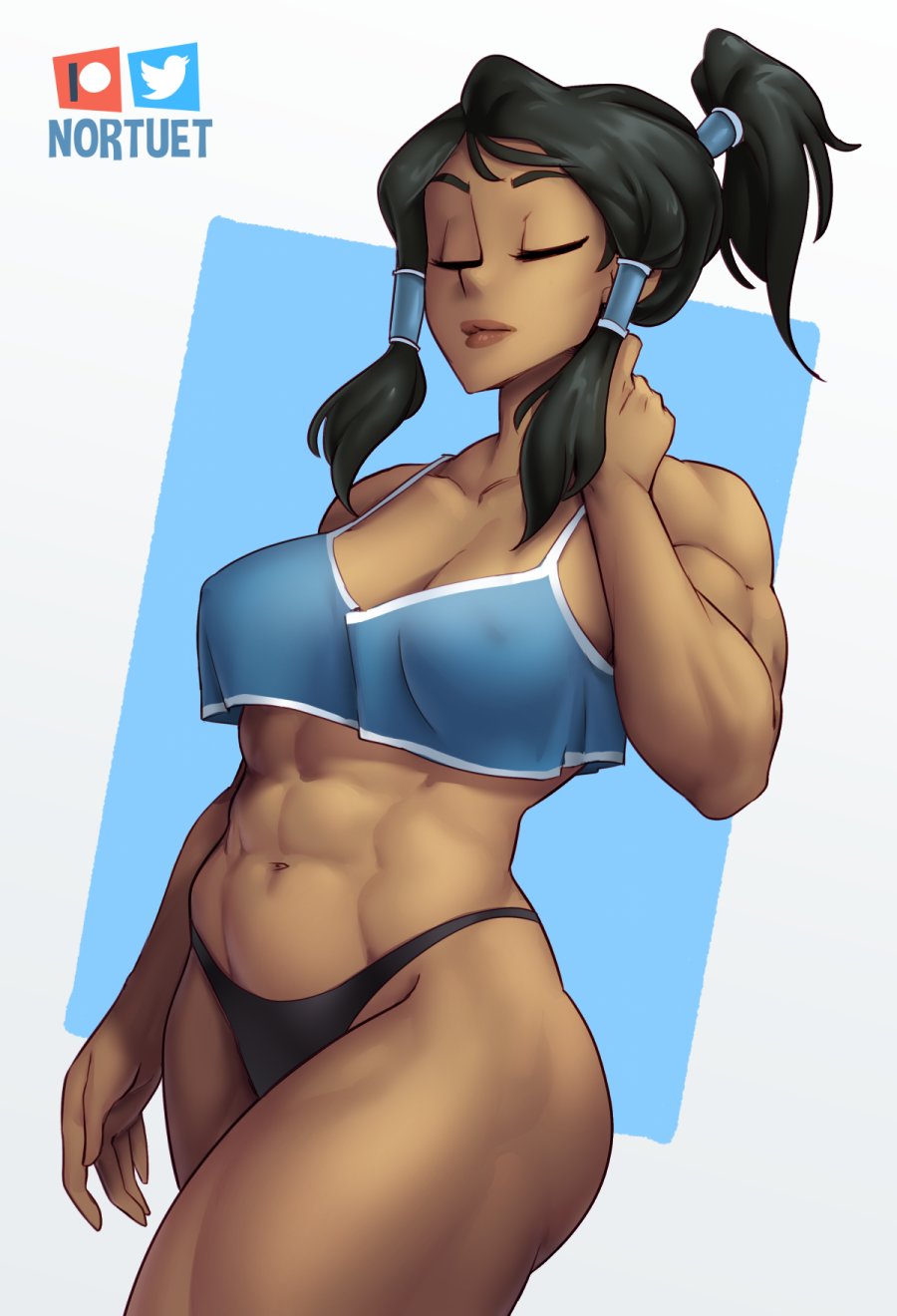 1girls, abs, avatar legends, big breasts, black hair, black thong, bra, breasts, camisole, cleavage, closed eyes, dark skin, dark-skinned female, female, female focus, female only, female protagonist, hi res, korra, large breasts, long hair, muscular, muscular female, navel, nickelodeon, nipple bulge, nortuet, panties, ponytail, pose, revealing clothes, simple background, six pack, solo, the avatar, the legend of korra, thick thighs, thong, toned, toned female, tummy, underwear, water tribe, watermark, white background