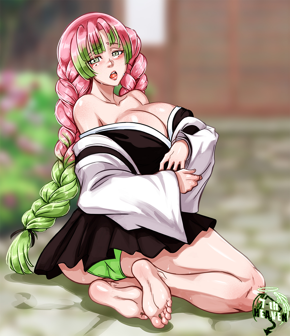 7th-heaven, bangs, bare shoulders, barefoot, big breasts, blush, braided hair, breasts, cleavage, clothing, demon slayer, female, female only, freckles, green eyes, haori, kanroji mitsuri, kimetsu no yaiba, long hair, looking at viewer, mole under eye, no bra, off shoulder, open mouth, panties, pink hair, soles, solo, sweat, two-tone hair, very long hair