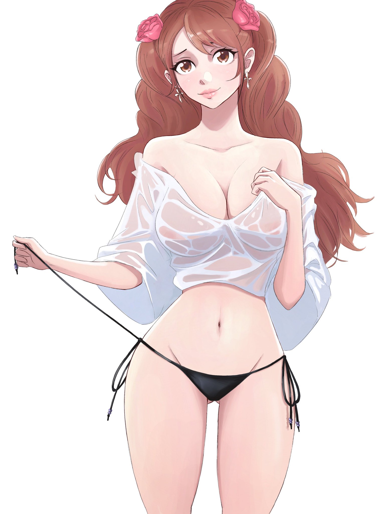 1girls, big breasts, bikini bottom, breasts, brown eyes, brown hair, brown-haired female, charlotte pudding, curvy, earrings, facing viewer, female, female only, flower in hair, flowers in hair, long hair, looking at viewer, midriff, no bra, one piece, opalisart, ponytail, ponytails, shirt, skimpy, smile, solo, wet shirt